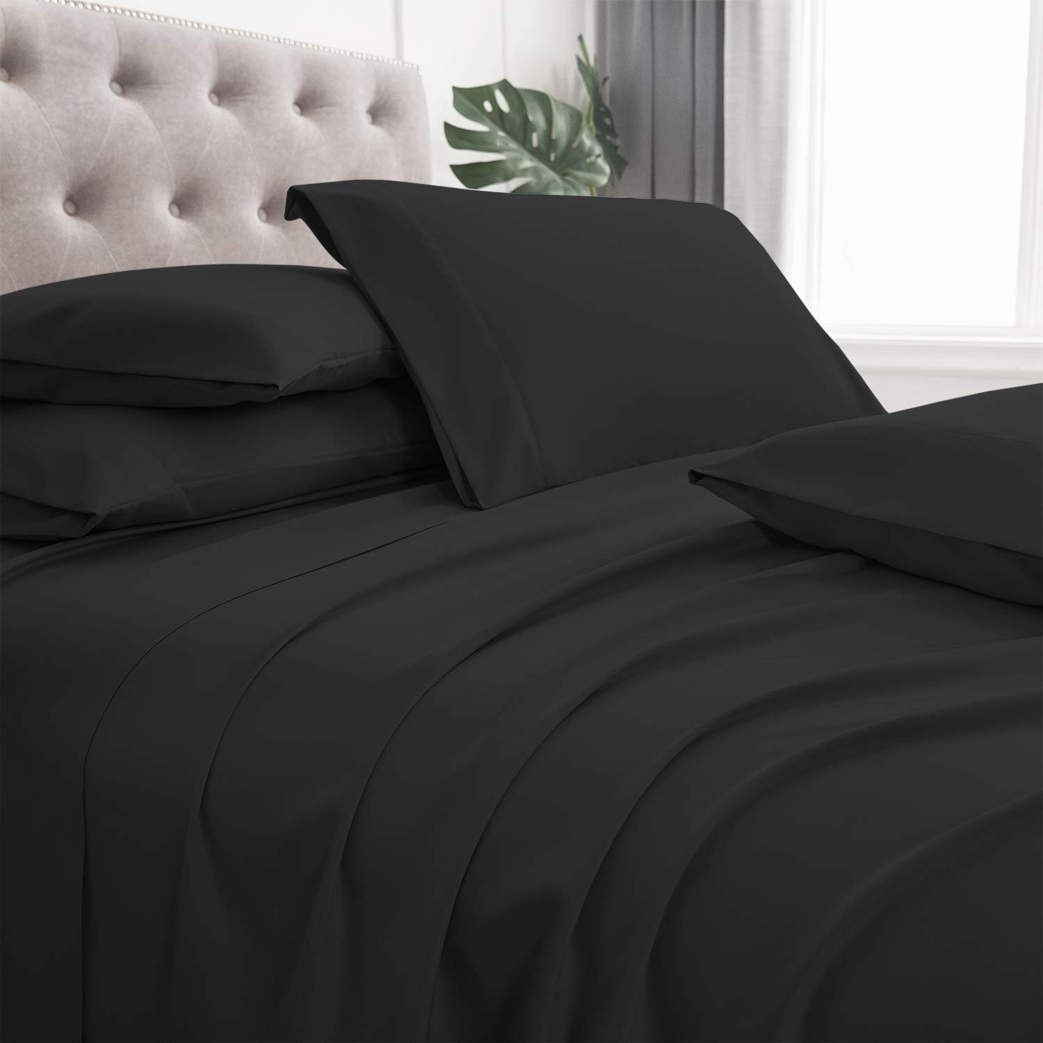 Premium 6-Piece King Size Sheet Set - 100% Oeko-Tex Certified 2000 Series Luxury Soft Bed Sheets in Black | Perfect for Master Bedrooms, Guest Rooms & Hotel Style Comfort
