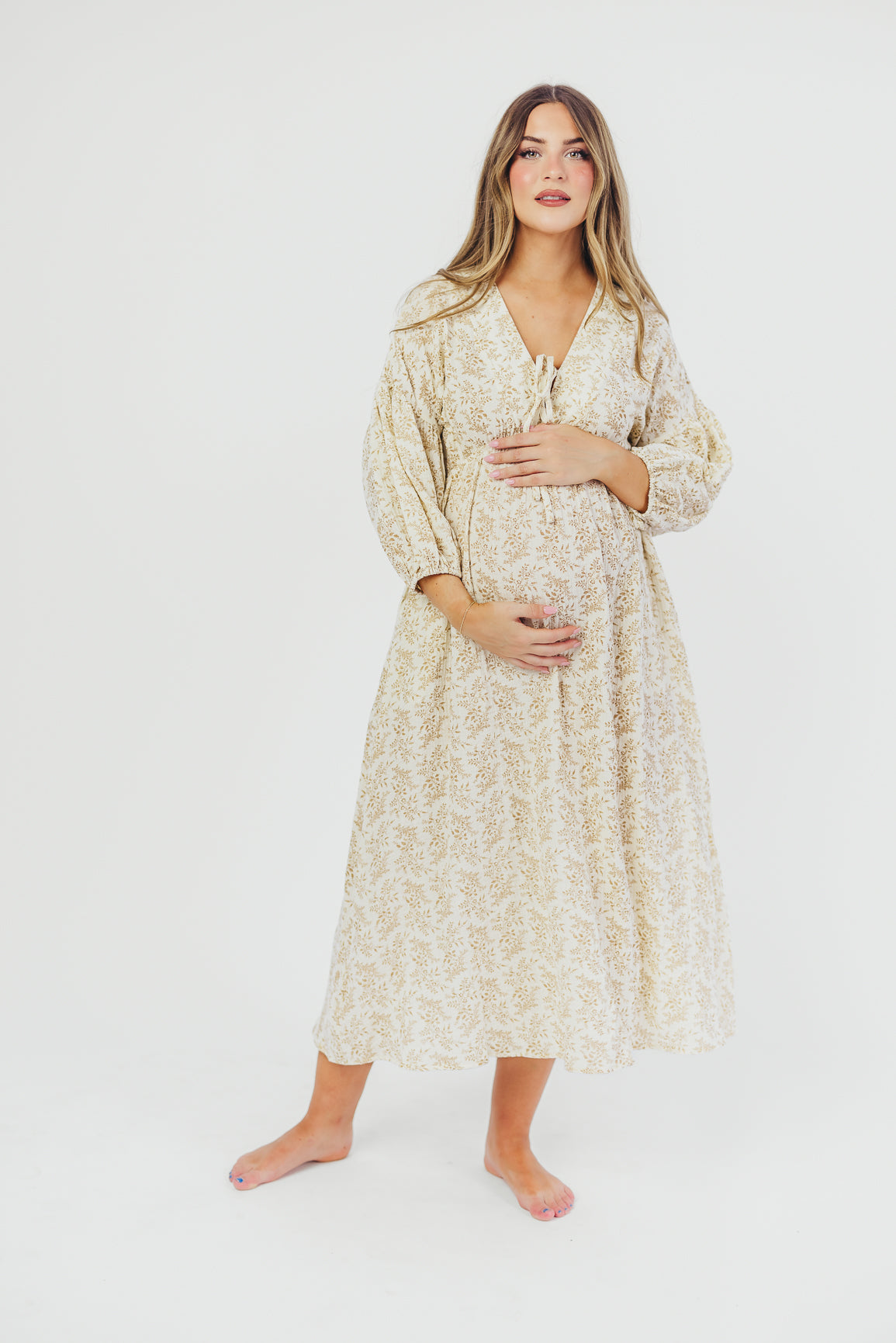 Hunter 100% Cotton Gauze Midi Dress - Natural/Tan Floral Print | Bump Friendly Maternity & Inclusive Sizes S-XXL | Perfect for Summer Vacations, Beach Weddings & Boho Chic Outfits