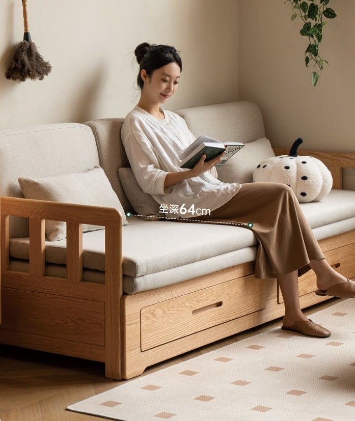 Solid Oak Wood Sofa Bed with Folding & Retractable Storage | Convertible Sleeper for Small Spaces, Guest Rooms & Apartments