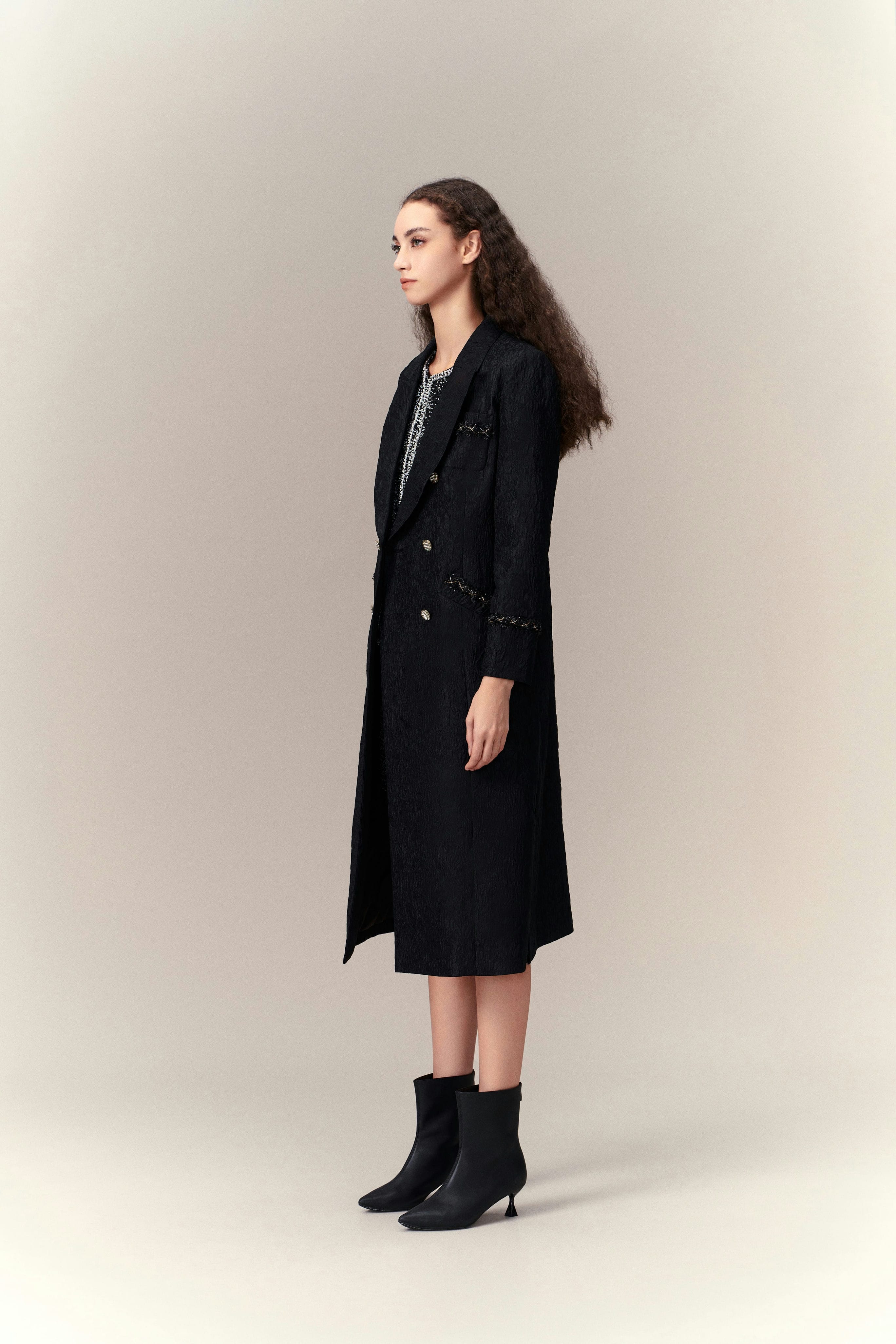 Double Breasted Embossed Pattern Maxi Coat for Women - Elegant Long Winter Trench Coat with Belt - Perfect for Office, Dating & Formal Occasions