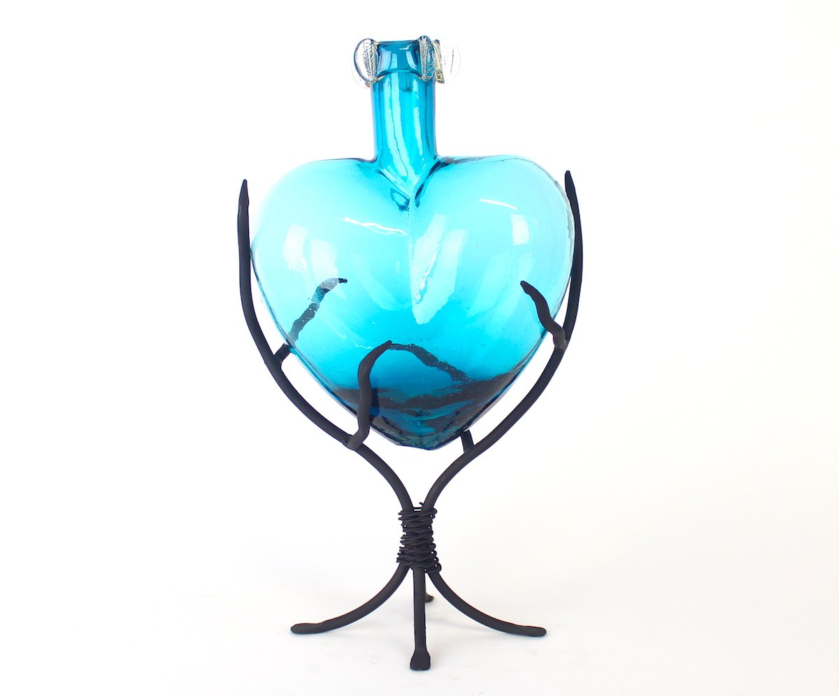Hand Blown Glass Heart Sculptures - Large Aqua Blue Art Piece for Home Decor, Wedding Centerpiece & Romantic Gift