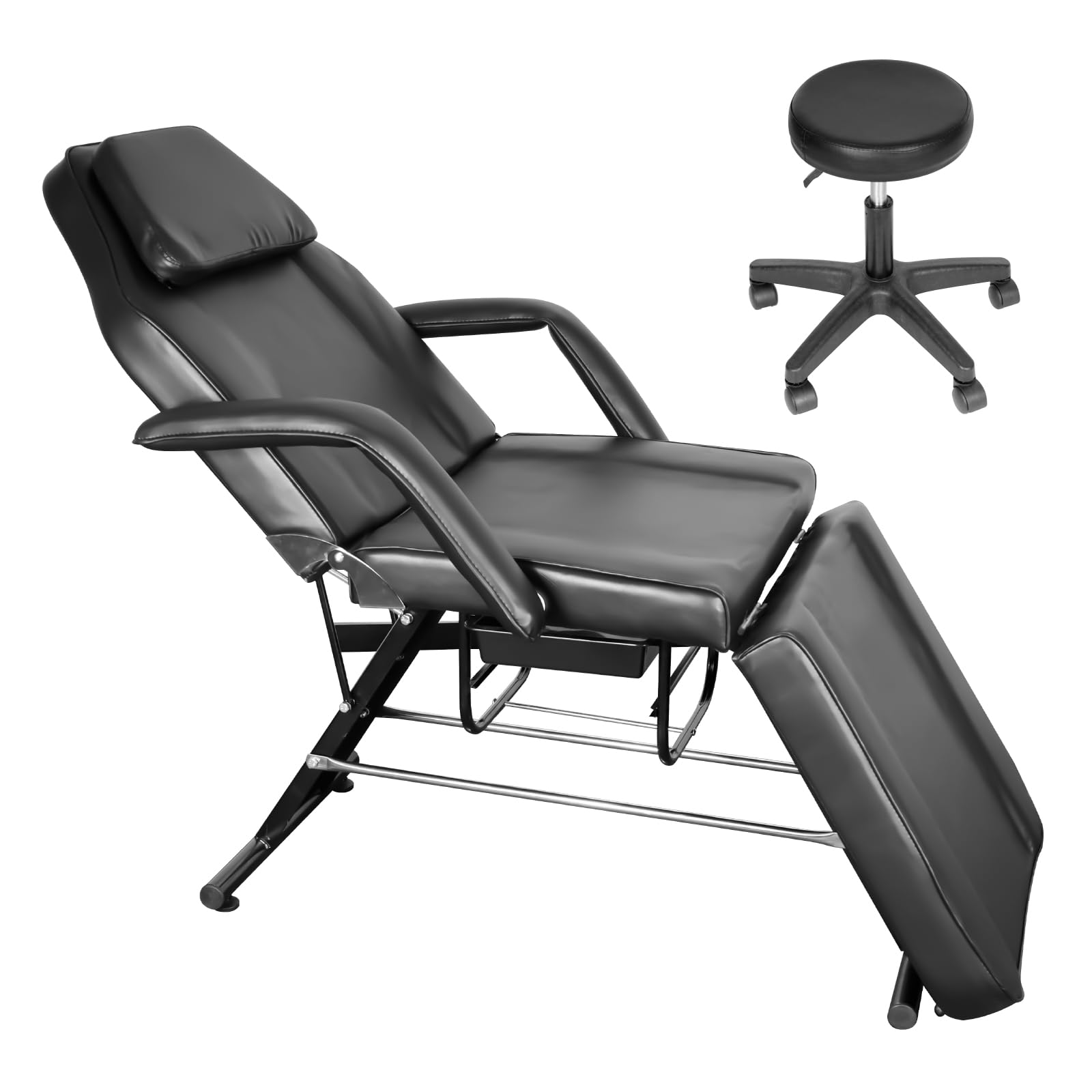 Professional 3-Section Salon Massage Bed & Tattoo Chair with Hydraulic Stool - Adjustable Spa Bed with Removable Headrest for Beauty, Barber & Tattoo Studios - Perfect for Client Comfort in Massage, Facial & Body Art Sessions (Black)