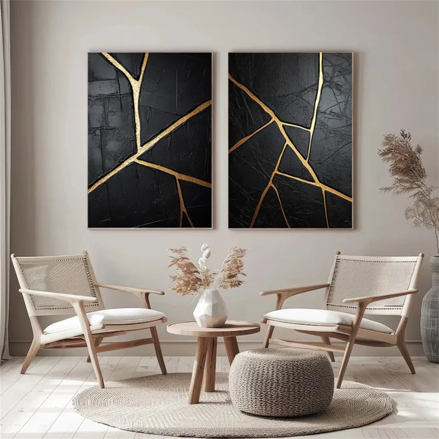 Black Gold Minimalist Textured Wall Art - Set of 2 Modern Abstract Paintings #MZ135 for Living Room, Bedroom & Office Decor