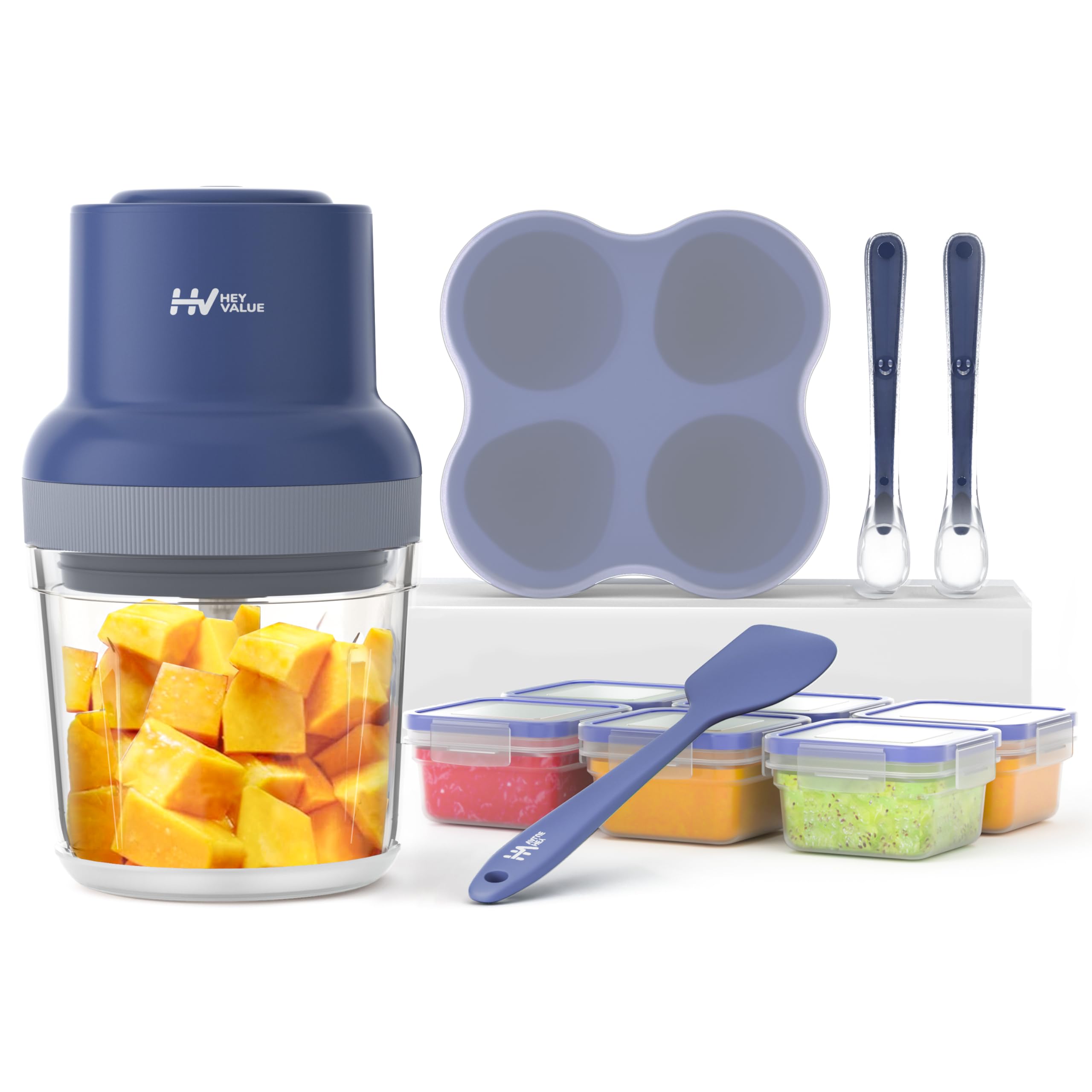 HEYVALUE 13-in-1 Baby Food Maker & Processor Set - Steam, Blend & Puree Fruits, Vegetables & Meat - Includes Baby Food Containers, Freezer Trays, Silicone Spoons & Spatula (Dark Blue) - Perfect for Homemade Baby Purees & Toddler Meals