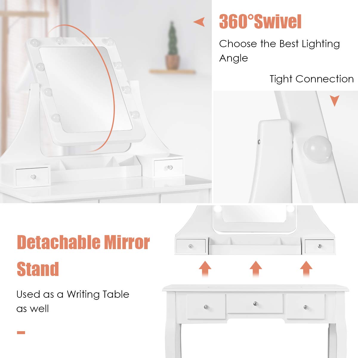 MAT EXPERT Vanity Set with Lighted Mirror & Drawers - Modern Dressing Table with Cushioned Stool, 360° Rotatable Mirror & 10 LED Lights - White Makeup Vanity for Bedroom, Perfect for Applying Makeup, Skincare & Hair Styling
