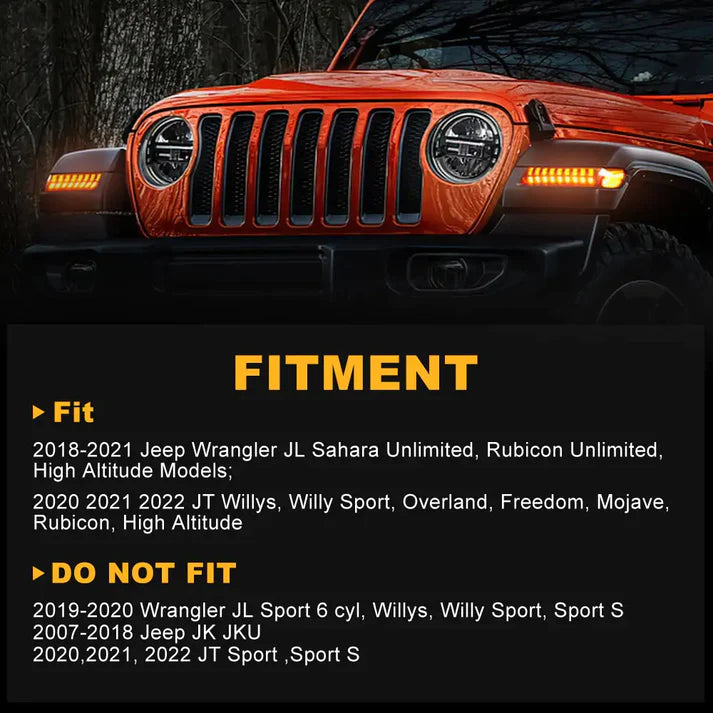 7'' LED Headlights & 9'' Bracket Ring with Fender Turn Signal Lights - Compatible with 2018-2023 Jeep Wrangler JL & Gladiator JT - Off-Road Adventure & Night Driving Upgrade