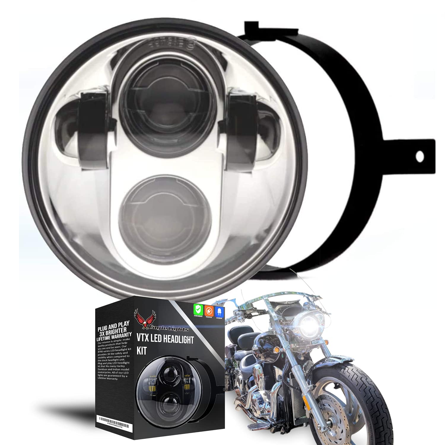 Eagle Lights 5.75 Inch LED Headlight Kit for Honda VTX 1800 & 1300 (2002-2008) - Plug and Play with Bracket & Hardware - High Brightness Chrome Motorcycle Headlight for Night Riding & Custom Builds