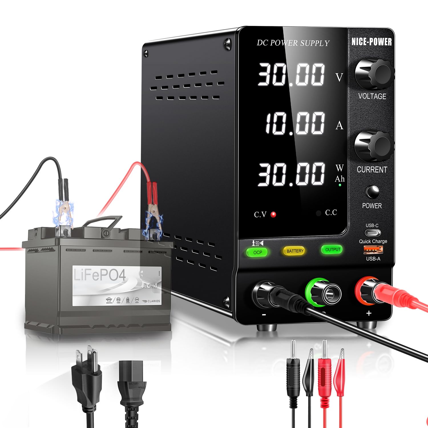 NICE-POWER 30V 10A 300W Adjustable DC Power Supply with Encoder - Variable 6V/12V/24V Output for LiFePO4 Lithium Ion Battery Charging, Lab Bench Power Supply with Quick Charge Port & OCP Protection - Perfect for Electronics Testing, DIY Projects, and Battery Maintenance