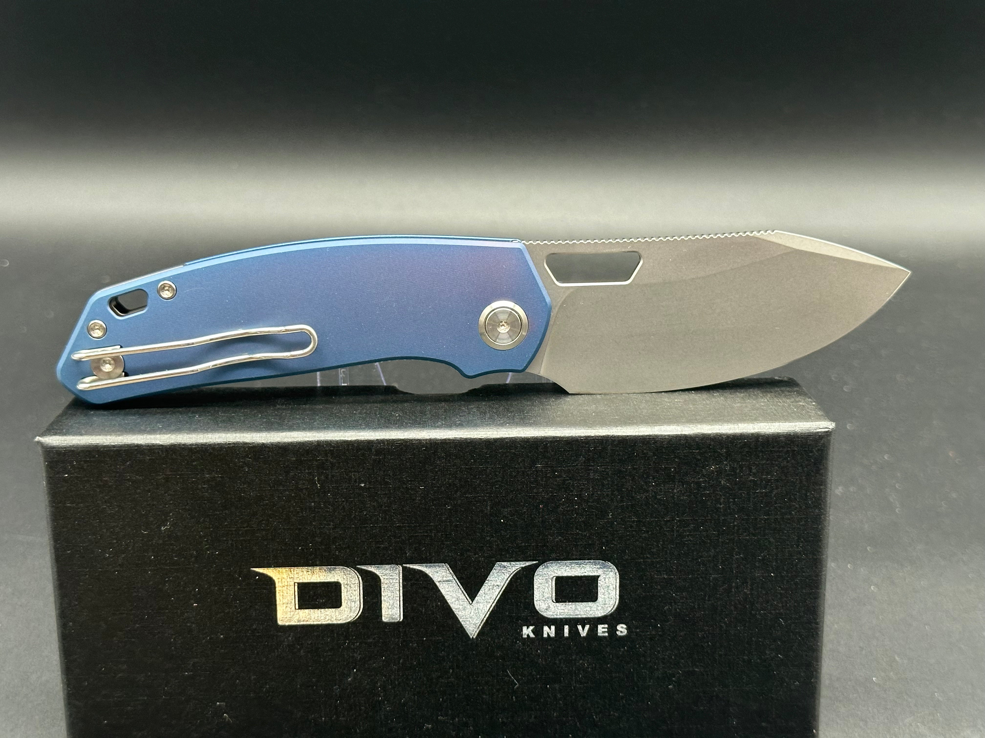 DIVO KNIVES GROWLER V2 Pocket Knife - Blue Aluminum Handle, Sandwashed 154CM Steel, Plain Edge - EDC, Camping, Outdoor Survival Tool