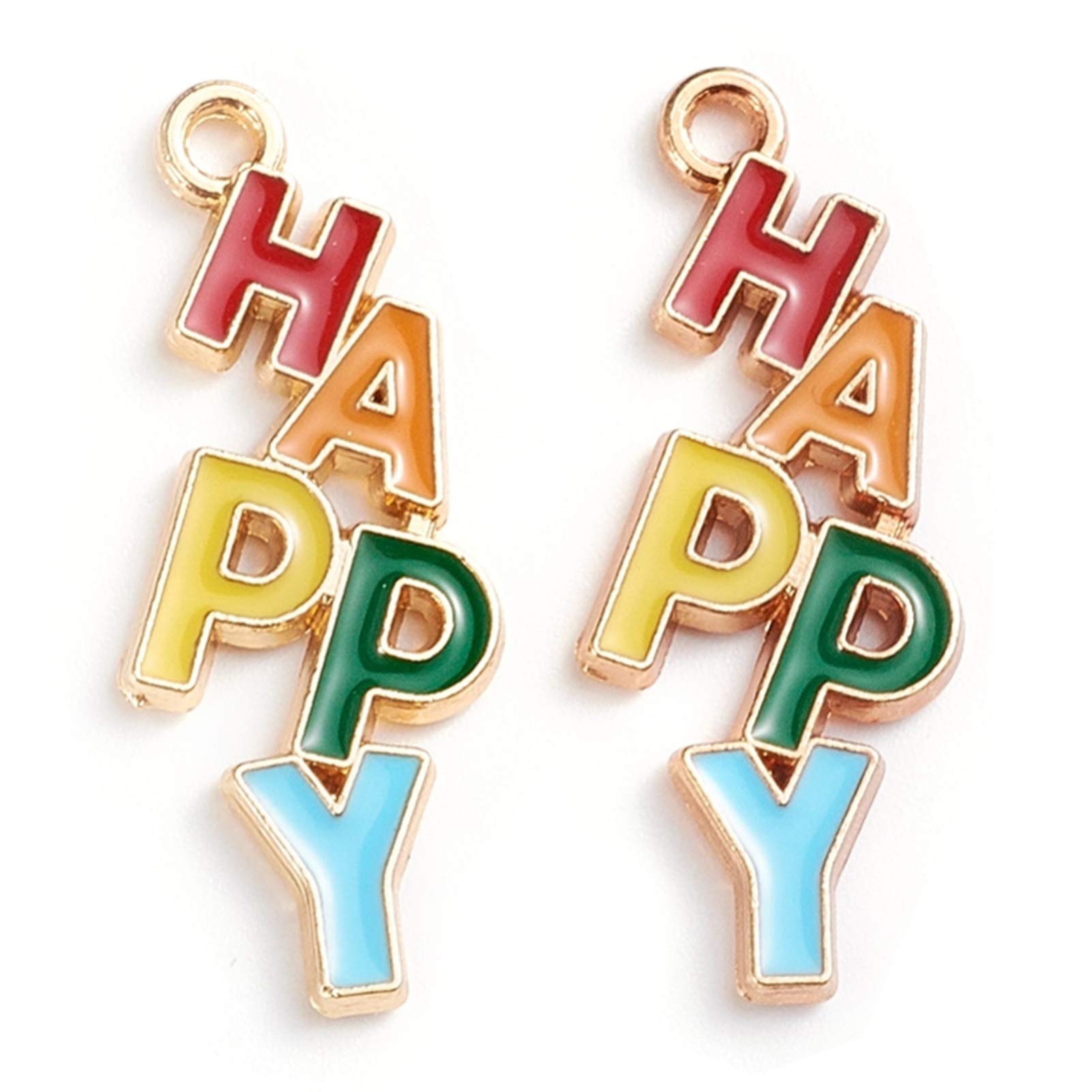 50pcs Gold Plated Happy Word Enamel Charms - DIY Jewelry Making Craft Supplies for Bracelets, Necklaces & Keychains - Perfect for Gifts & Personalization
