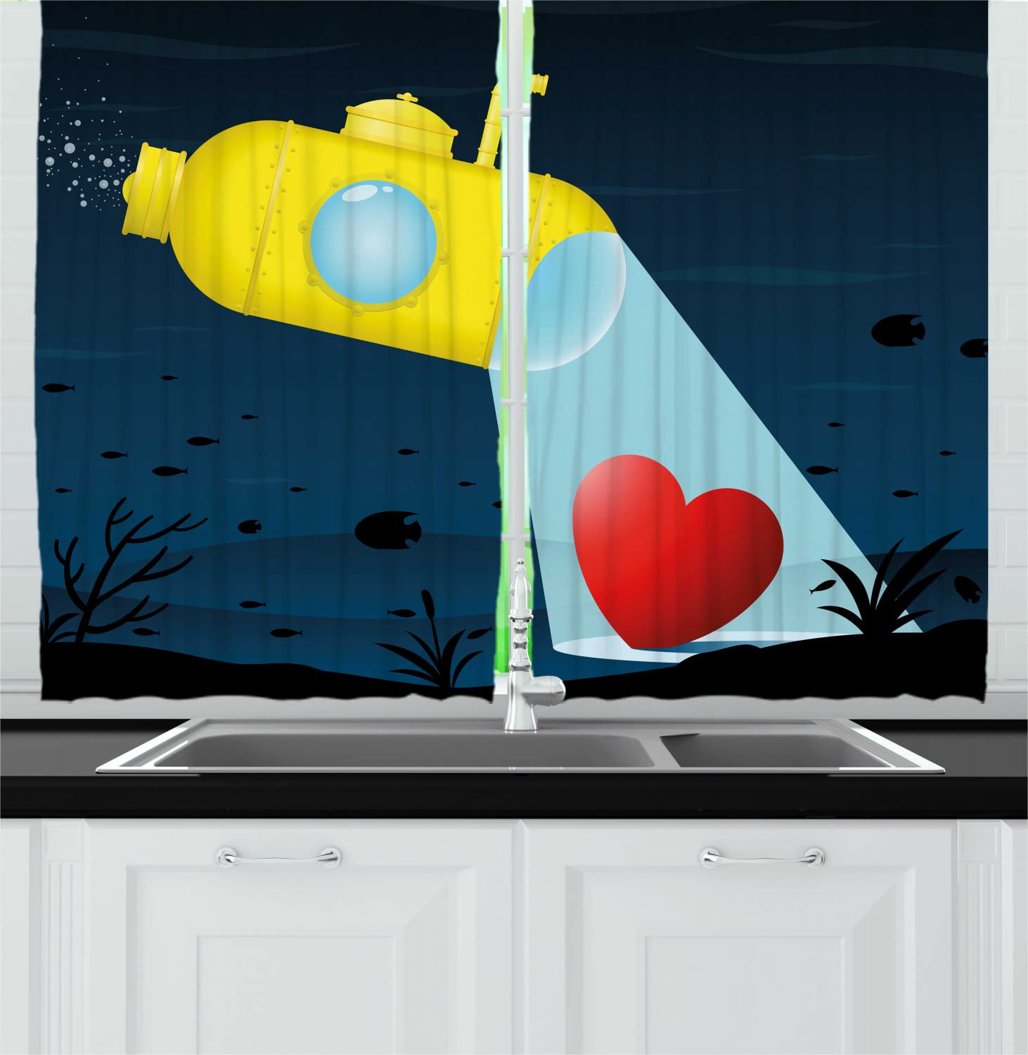 Ambesonne Yellow Submarine Kitchen Curtains - Underwater Submarine & Heart Romance Design, 2 Panel Rod Pocket Drapes, 55 x 45 Inches, Yellow & Dark Blue - Perfect for Nautical Themed Kitchens, Beach Houses & Retro Decor