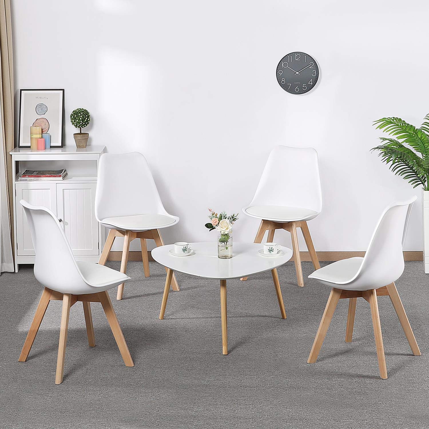 Yaheetech 4-Piece Modern Upholstered Dining Chairs Set with Soft Padded Seat, Beech Wood Legs - White DSW Eiffel Inspired Accent Chairs for Home, Restaurant & Office Use