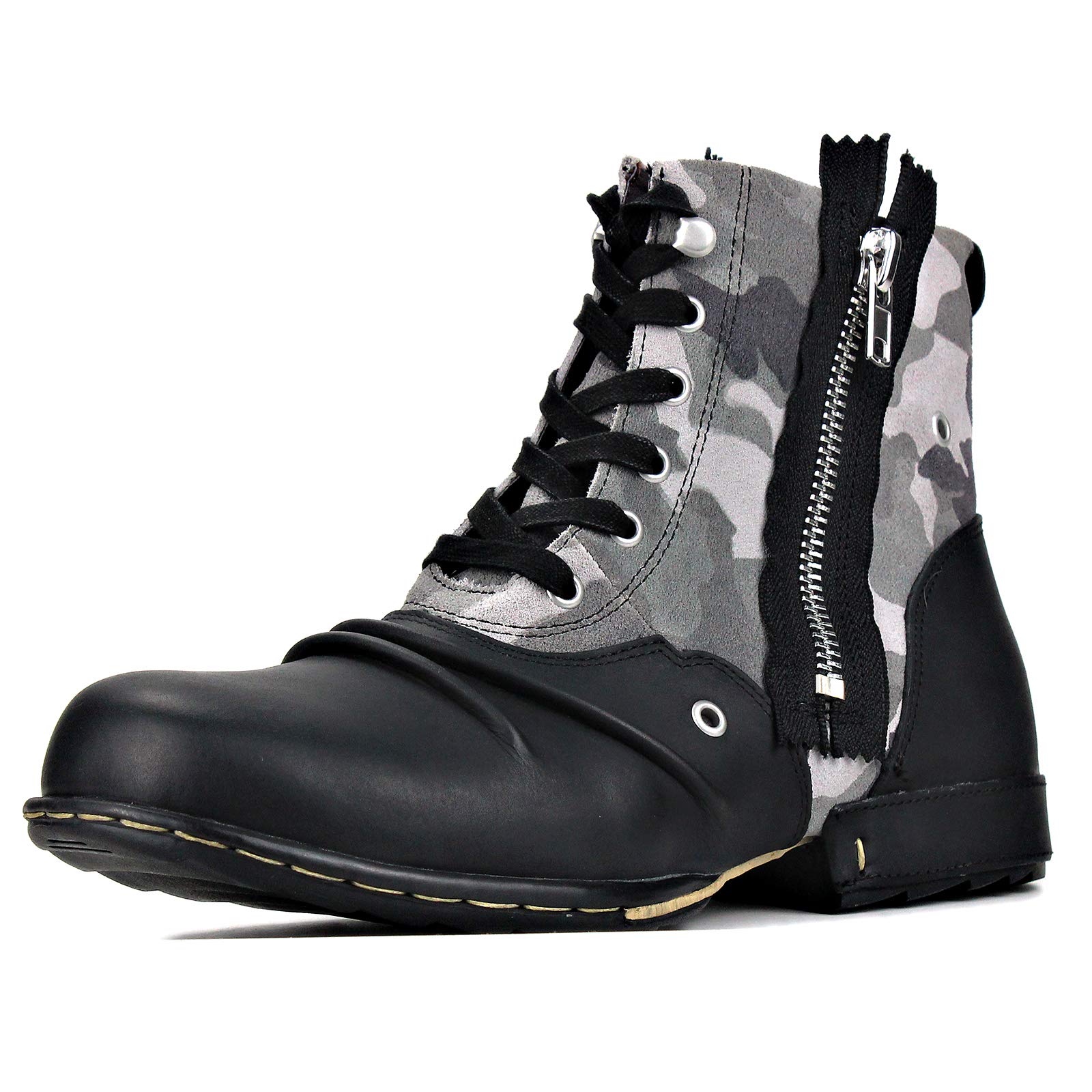 OSSTONE Men's Fashion Moto Boots - Zipper-Up Leather Chukka Boots Casual Shoes OS-5008-8 in Camouflage Brown | Perfect for Motorcycle Riding, Outdoor Adventures & Street Style