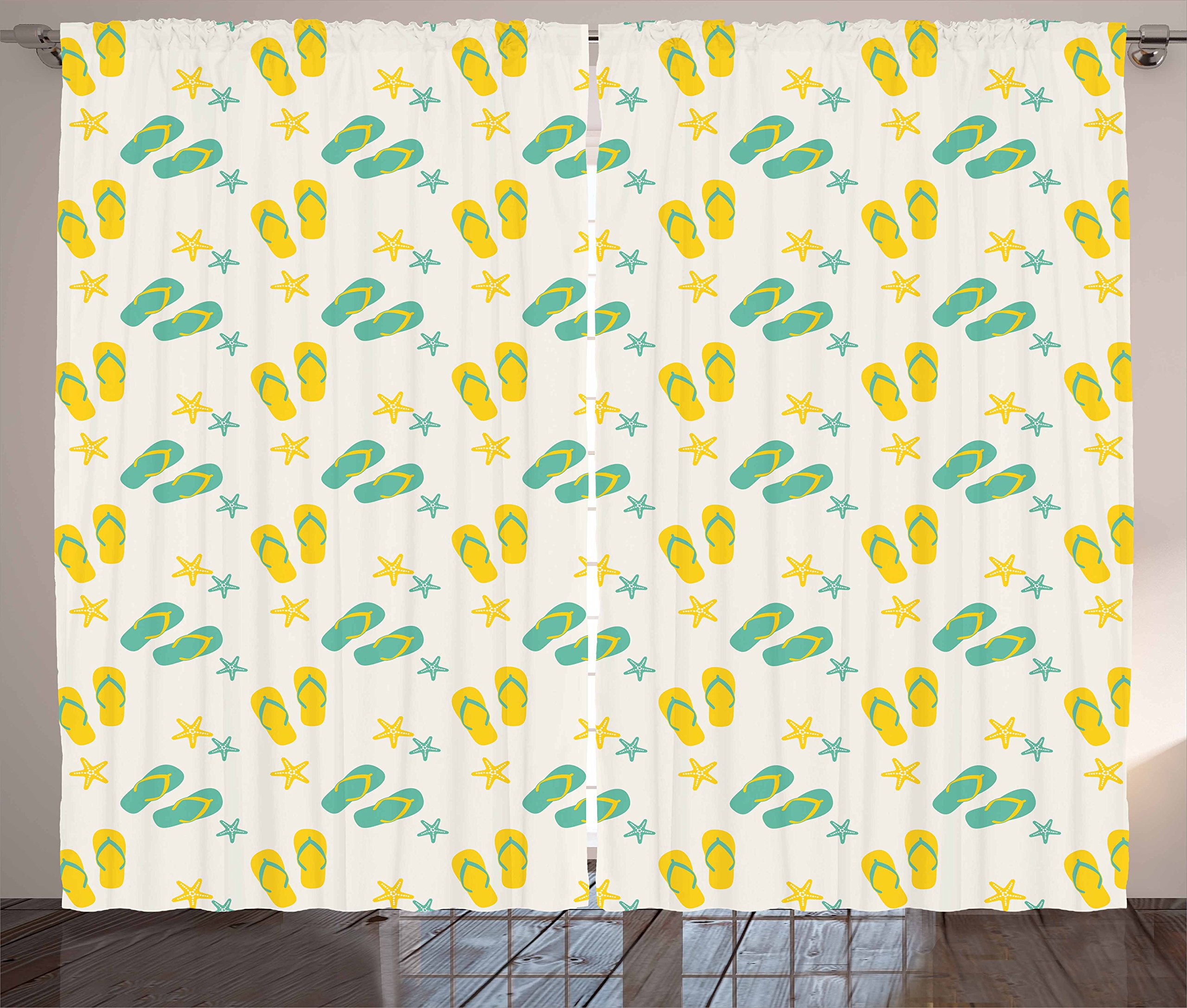 Ambesonne Geometric Beach Curtains - Flip Flops & Starfish Coastal Design, Exotic Poolside Theme Window Drapes for Living Room & Bedroom, 2 Panel Set 108