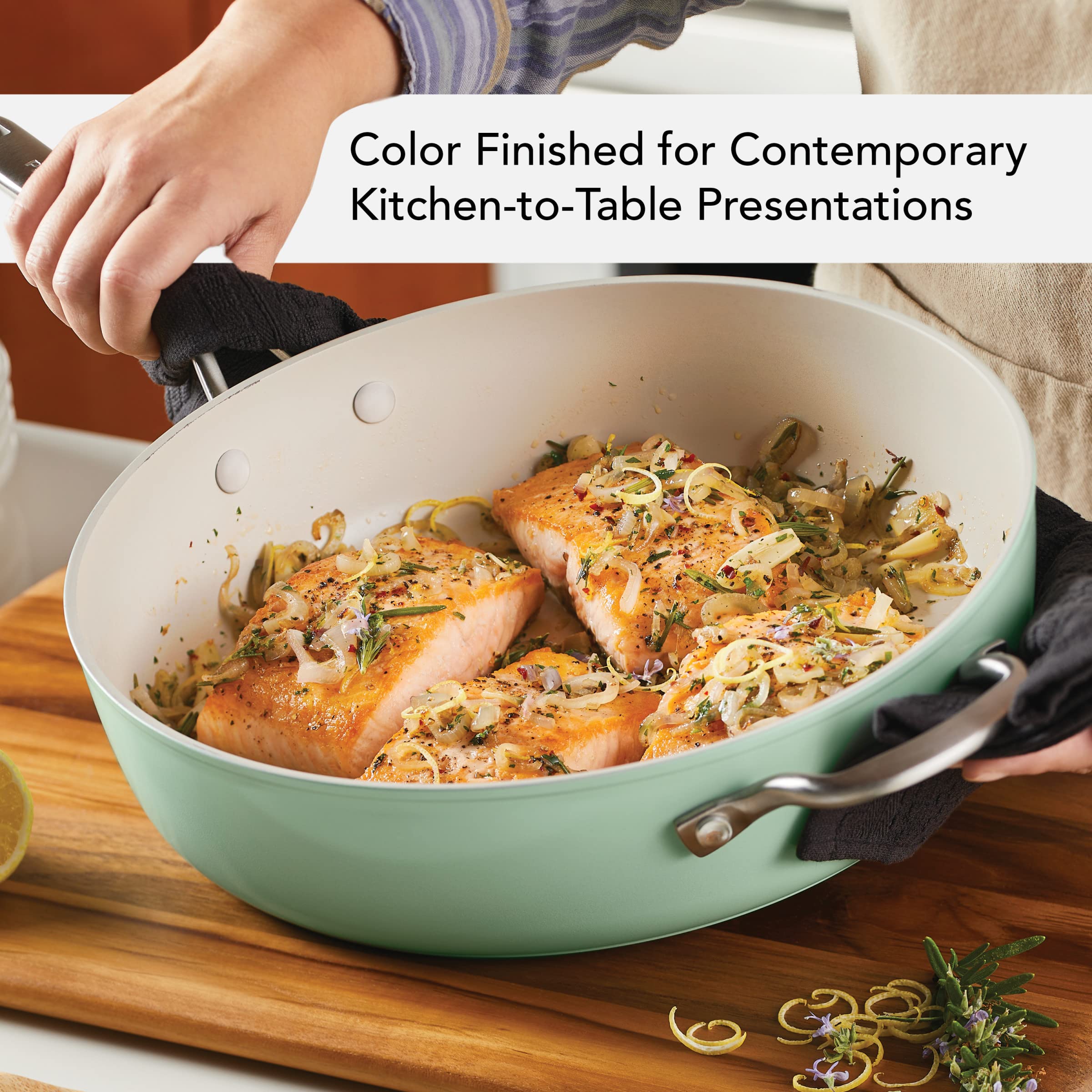 KitchenAid 5-Quart Nonstick Sauté Pan - Hard Anodized Ceramic Cookware with Shatter-Resistant Glass Lid & Riveted Handle - Even Heat Distribution, Oven Safe to 500°F, Easy to Clean - Pistachio Green - Perfect for Sautéing, Frying, and Simmering in Modern Kitchens
