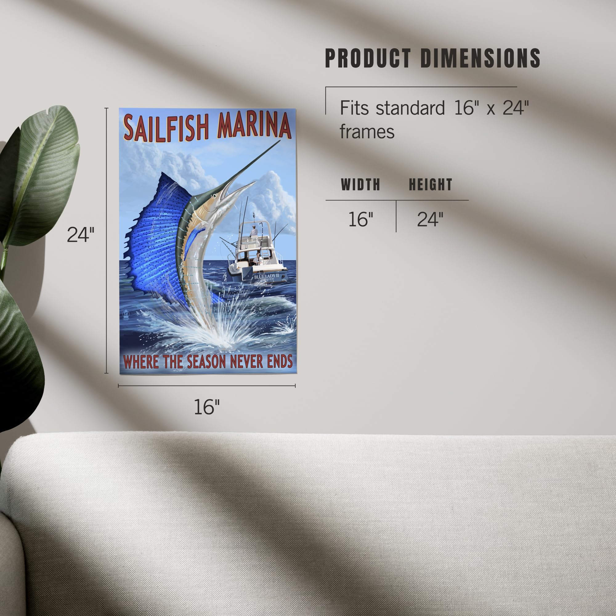 Lantern Press 16x24 Inch Giclee Art Print - Sailfish Marina Florida Coastal Wall Decor - Perfect for Beach House, Living Room & Office Wall Art