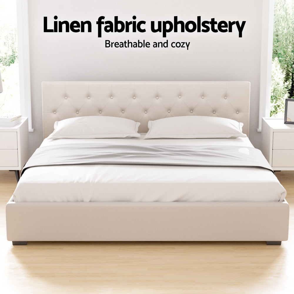 King Size Dorilla Gas Lift Storage Bed Frame with Bonita Pillow Top Mattress - Medium Firm Beige Upholstered Platform Bed | Perfect for Small Spaces, Guest Rooms & Modern Bedrooms