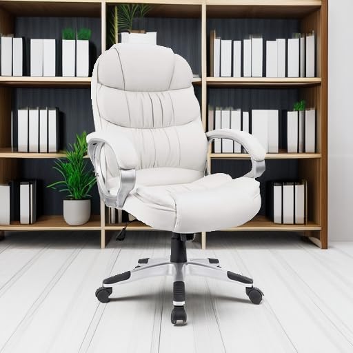 Homall High Back Office Chair - Ergonomic PU Leather Executive Desk Chair with Adjustable Height, Swivel Base, Padded Armrests & Lumbar Support for Home & Office Workspace (White) - Perfect for Long Hours Computer Work, Gaming & Conference Rooms