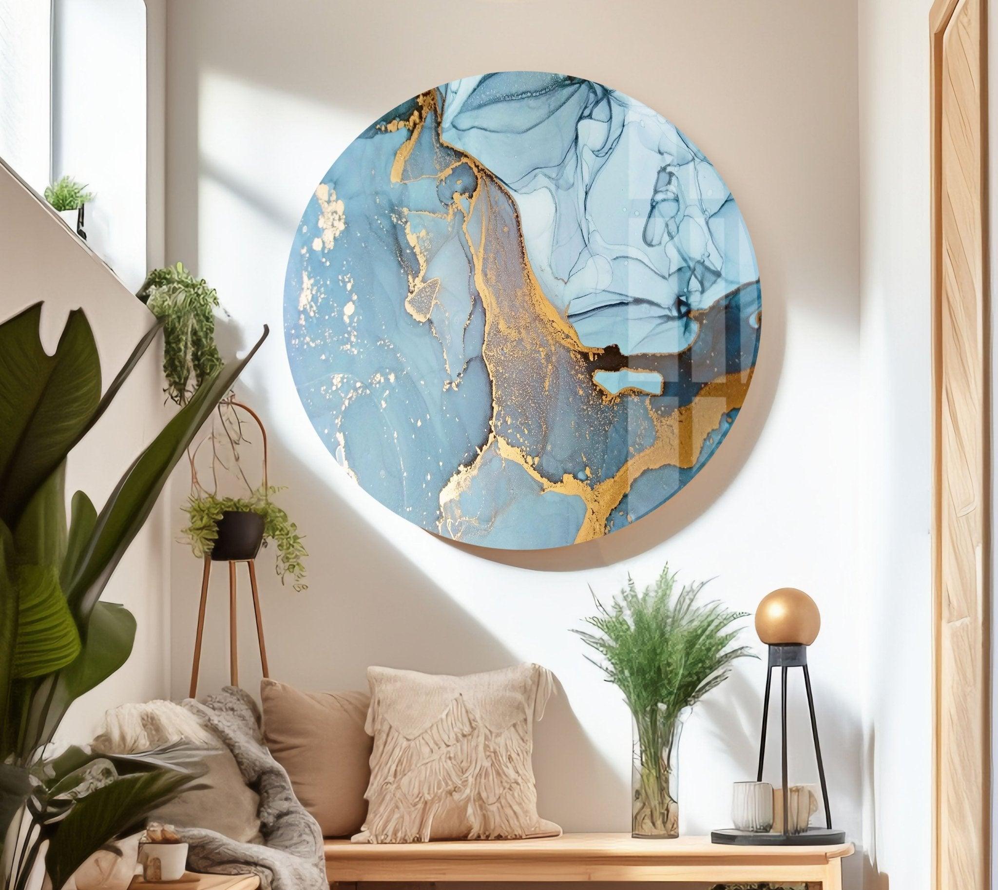 Handmade Aquamarine Alcohol Ink Stained Glass Wall Art - Blue Ocean Themed Abstract Painting for Home & Office Decor