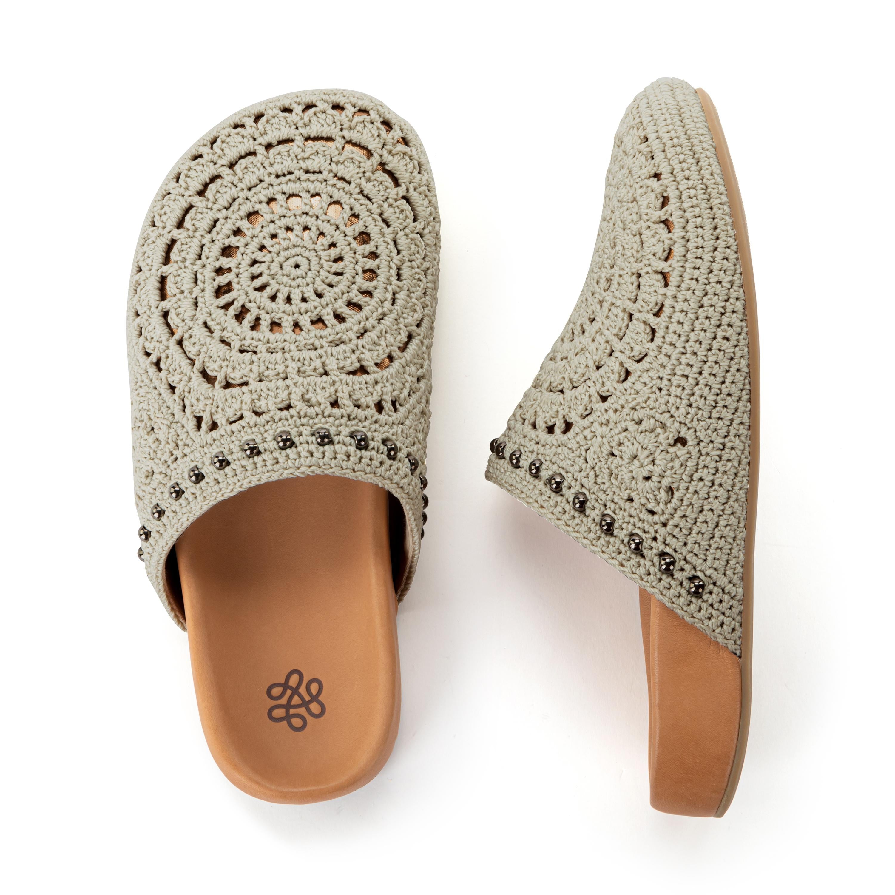 Bolinas Hand Crochet Clog Shoes - Natural Grey Medallion Design - Comfortable Slip-On House Slippers for Women, Perfect for Home, Garden & Casual Wear