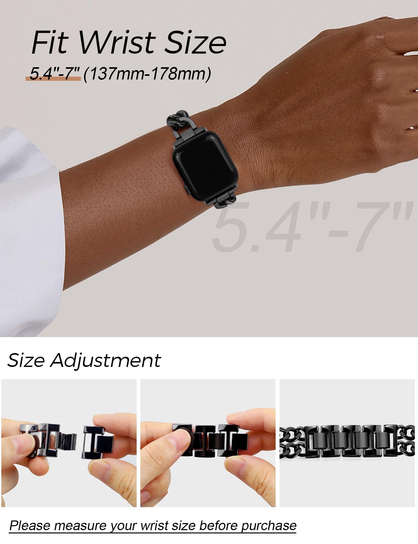 JR.DM Black Metal Watch Band for Women - Adjustable Cowboy Steel Chain Bracelet Compatible with Apple Watch 38mm 40mm 41mm 42mm (Series 10/9/8/7/6/5/4/3/2/1/SE) - Perfect for Work, Gym & Everyday Fashion Accessory