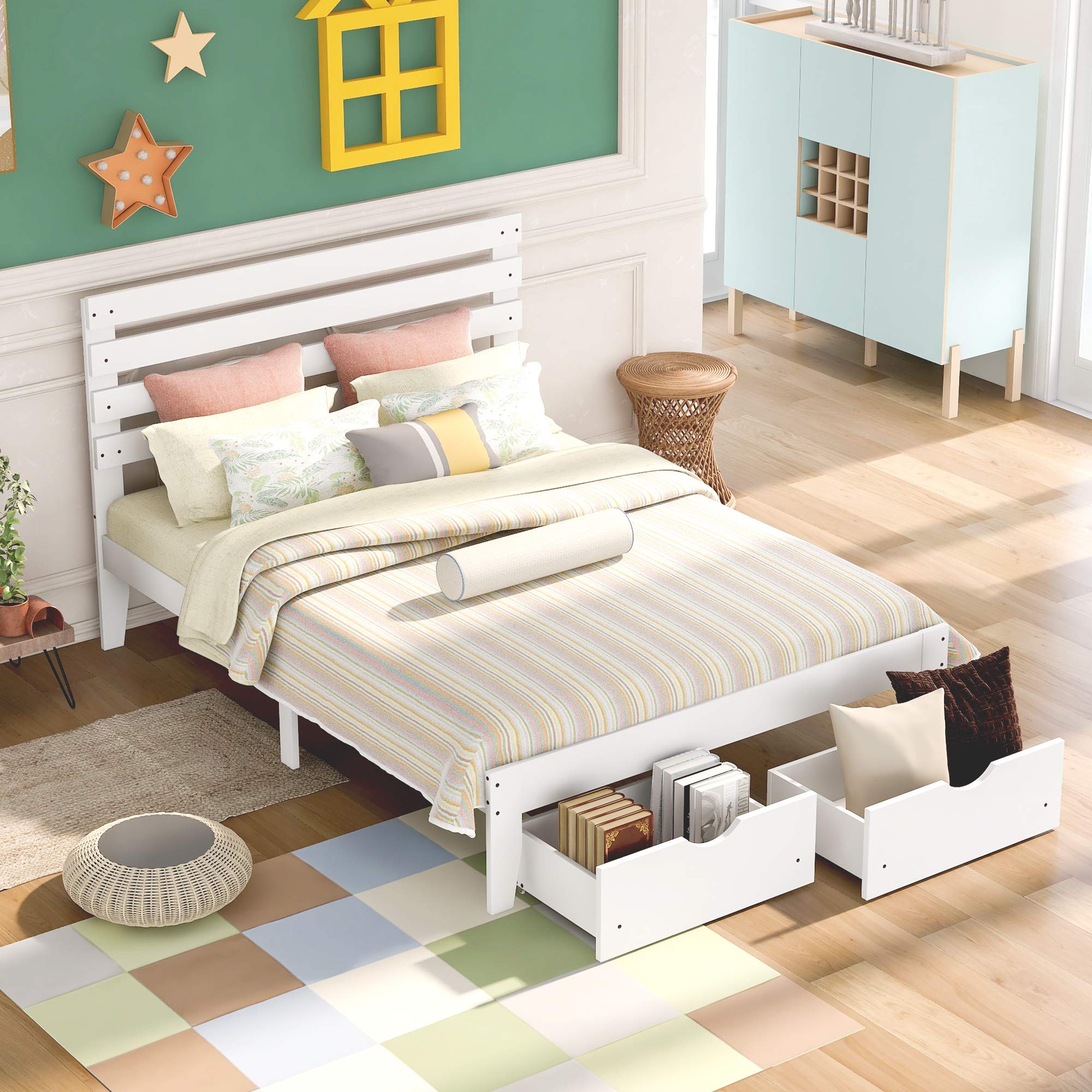 Full Size Platform Bed Frame with 2 Storage Drawers & Headboard - Solid Wood, No Box Spring Required - White - Perfect for Small Bedrooms & Guest Rooms