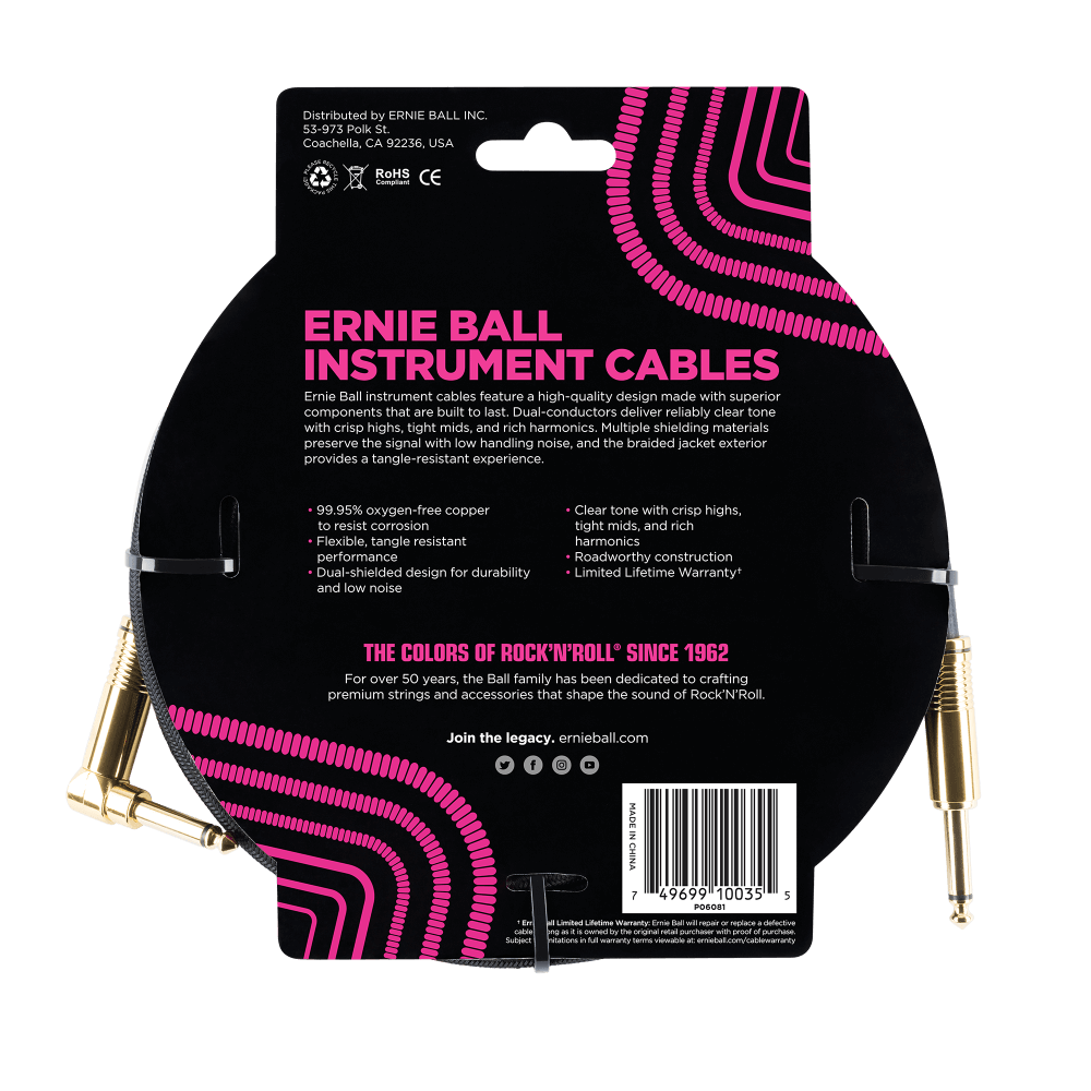 Ernie Ball 10-Foot Braided Straight/Angle Instrument Cable - Durable Black Guitar/Bass Cable for Live Performances & Studio Recording