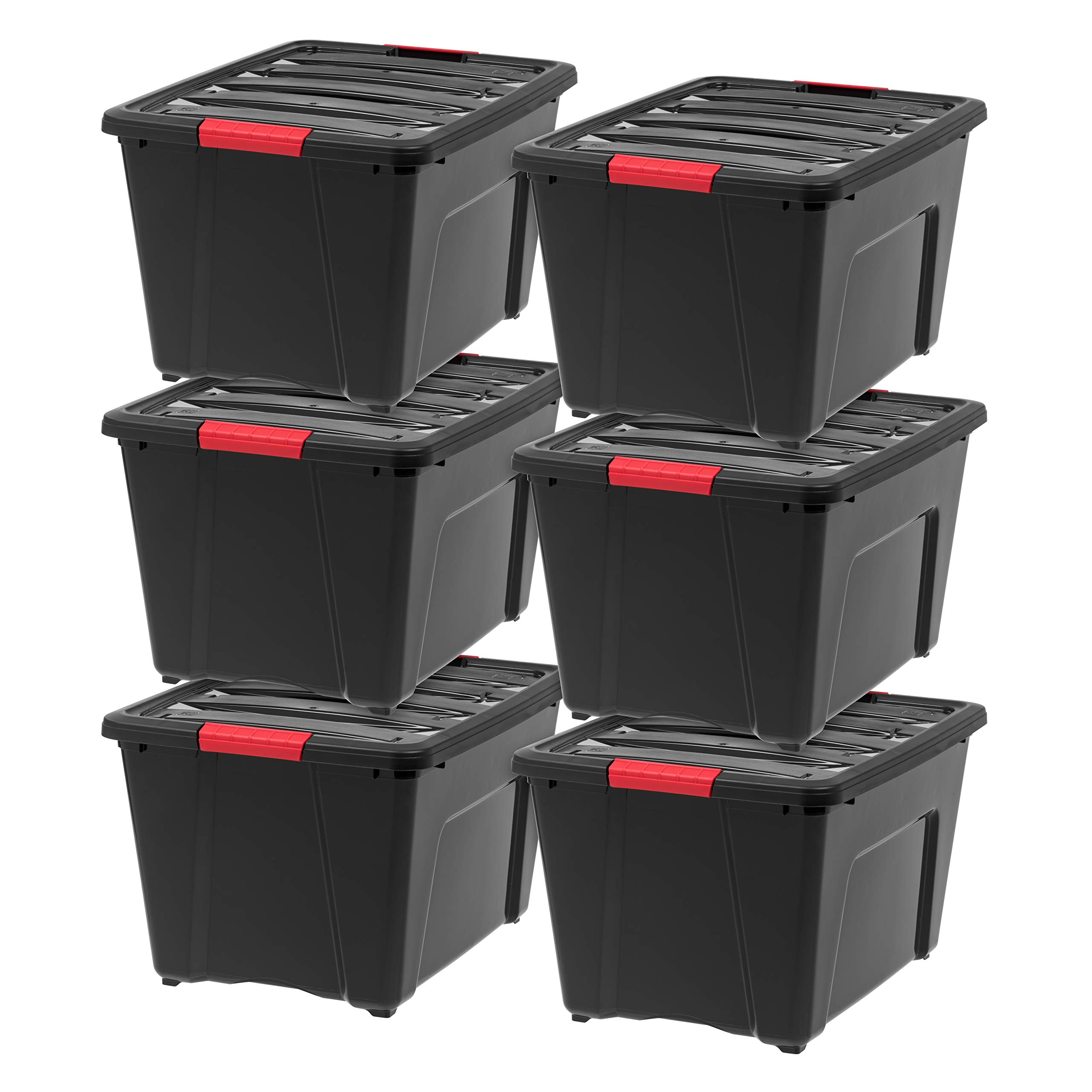 54 Qt Stackable Plastic Storage Bins with Lids, 6 Pack - BPA-Free, Made in USA - Heavy Duty Garage & Home Organization Containers with Secure Latches & Pull Handles - Perfect for Storage, Moving, and Closet Organization (Black)