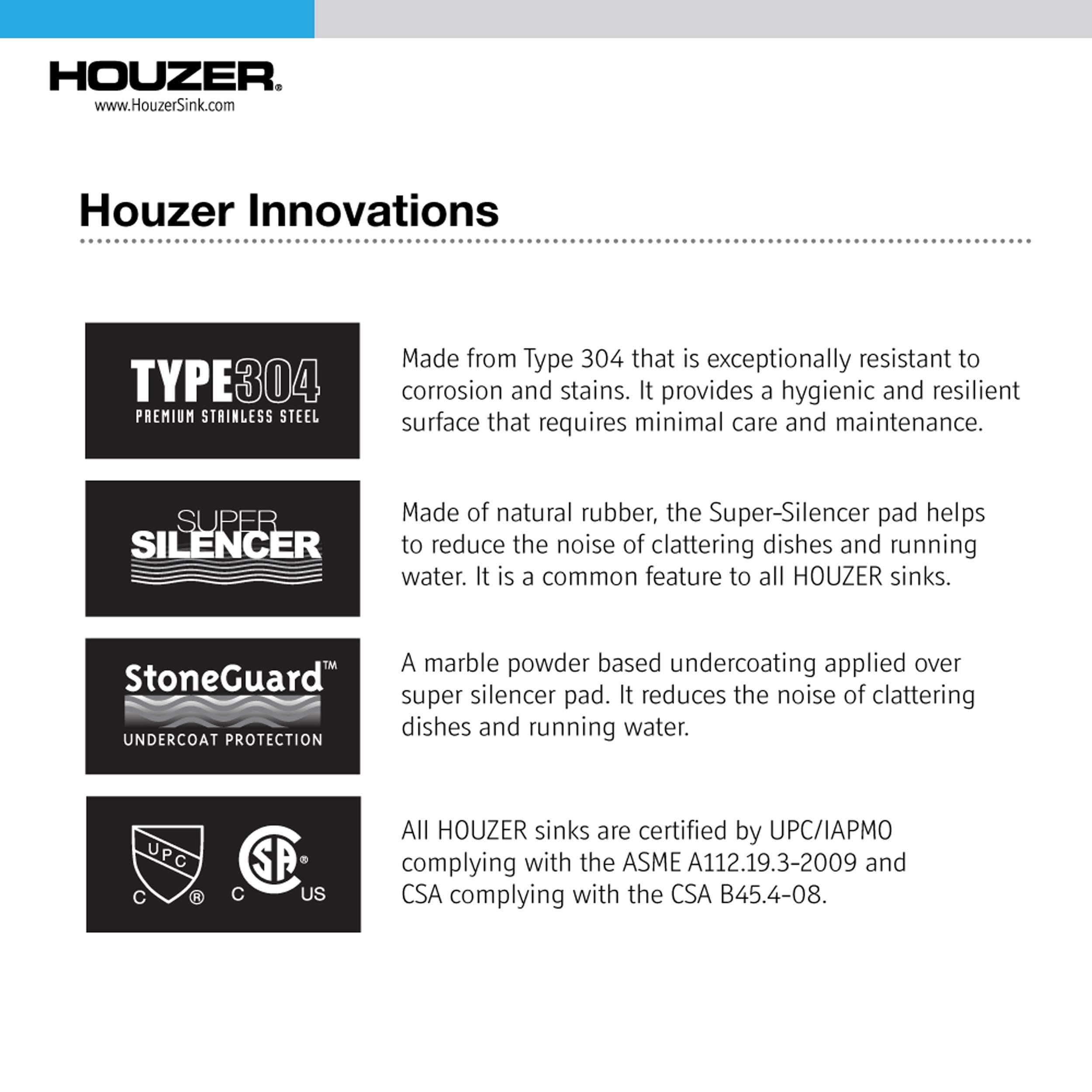 HOUZER NOS-4100-1 23-1/16 x 18 Inch Stainless Steel Kitchen Sink - Undermount Single Bowl, Commercial Grade 16 Gauge, Noise Reduction for Modern Home & Restaurant Use