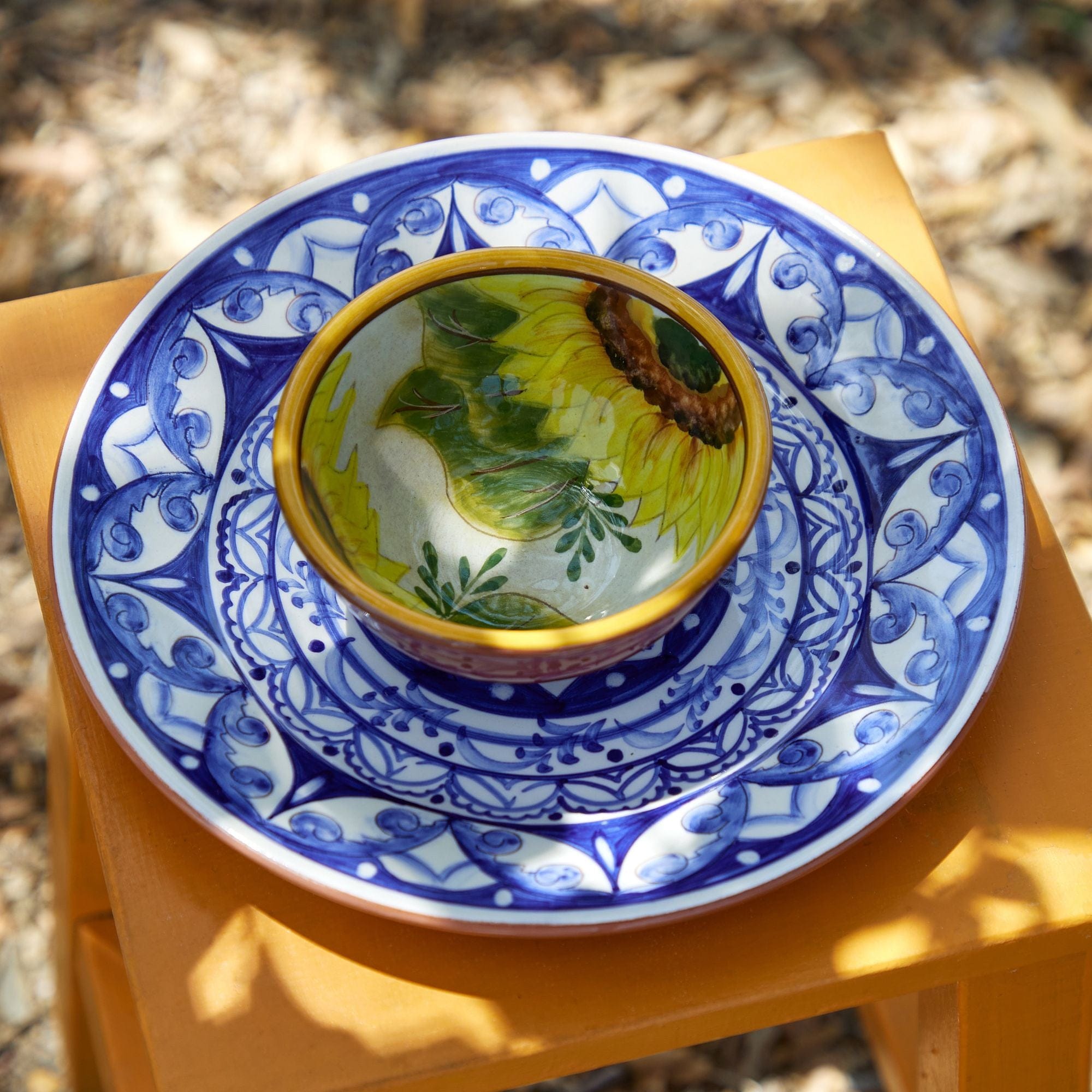 Casafina Alentejo Terracotta Handmade Sunflower Design Round Dip Bowl - Perfect for Guacamole, Salsa & Party Appetizers - Authentic Portuguese Ceramic Serving Dish for Home Decor & Entertaining