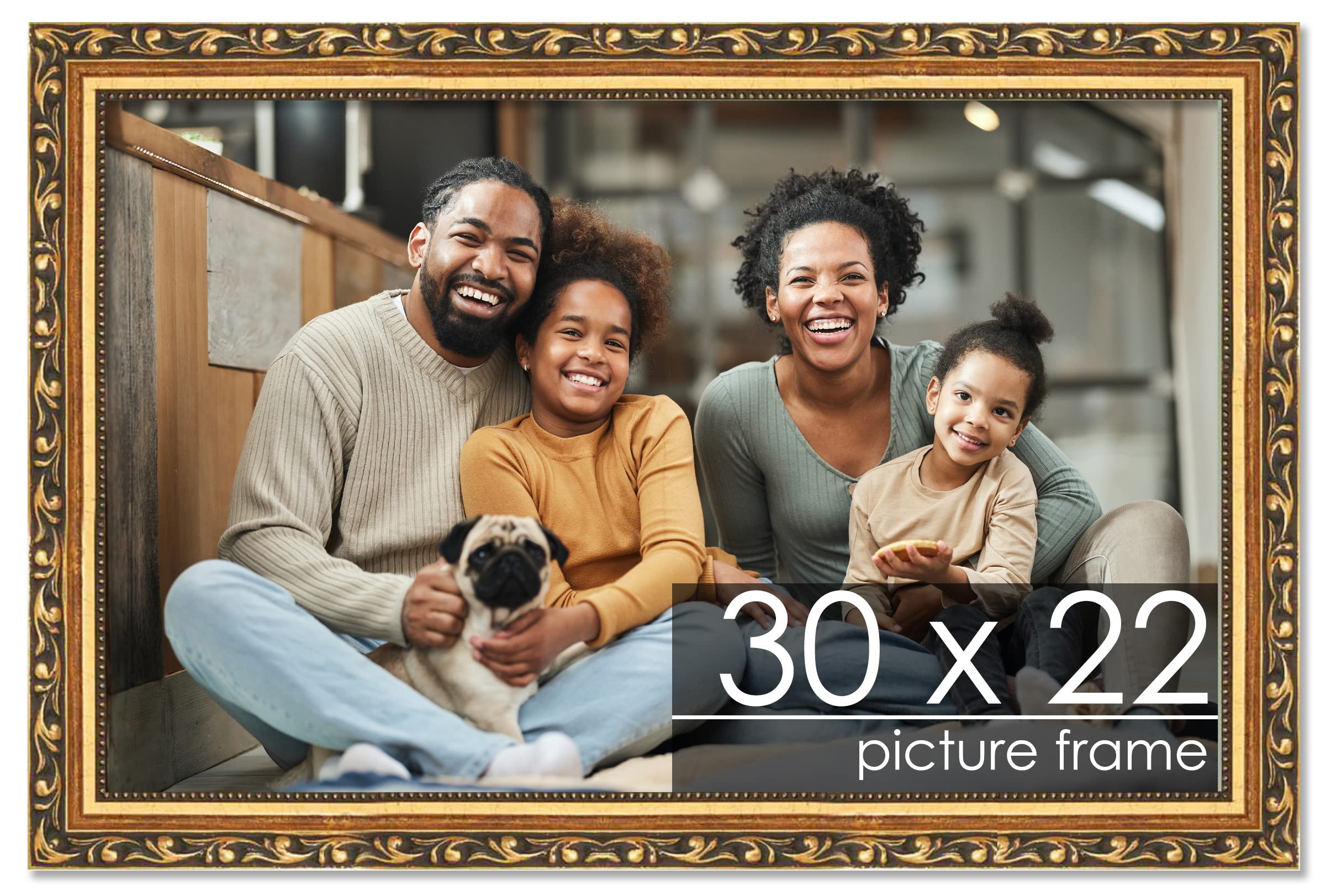30x22 Traditional Gold Wood Picture Frame with UV Acrylic, Foam Backing & Hanging Kit - Perfect for Posters, Art Prints, and Home Decor Display
