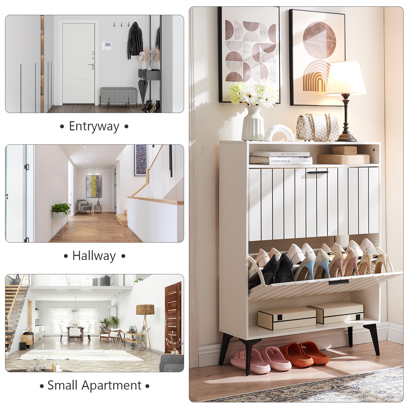 16-Pair Shoe Storage Cabinet with 2 Flip Drawers & Open Rack - Slim Freestanding Shoe Organizer for Entryway, Hallway, Apartment & Closet (White) - Perfect for Small Spaces & Home Organization