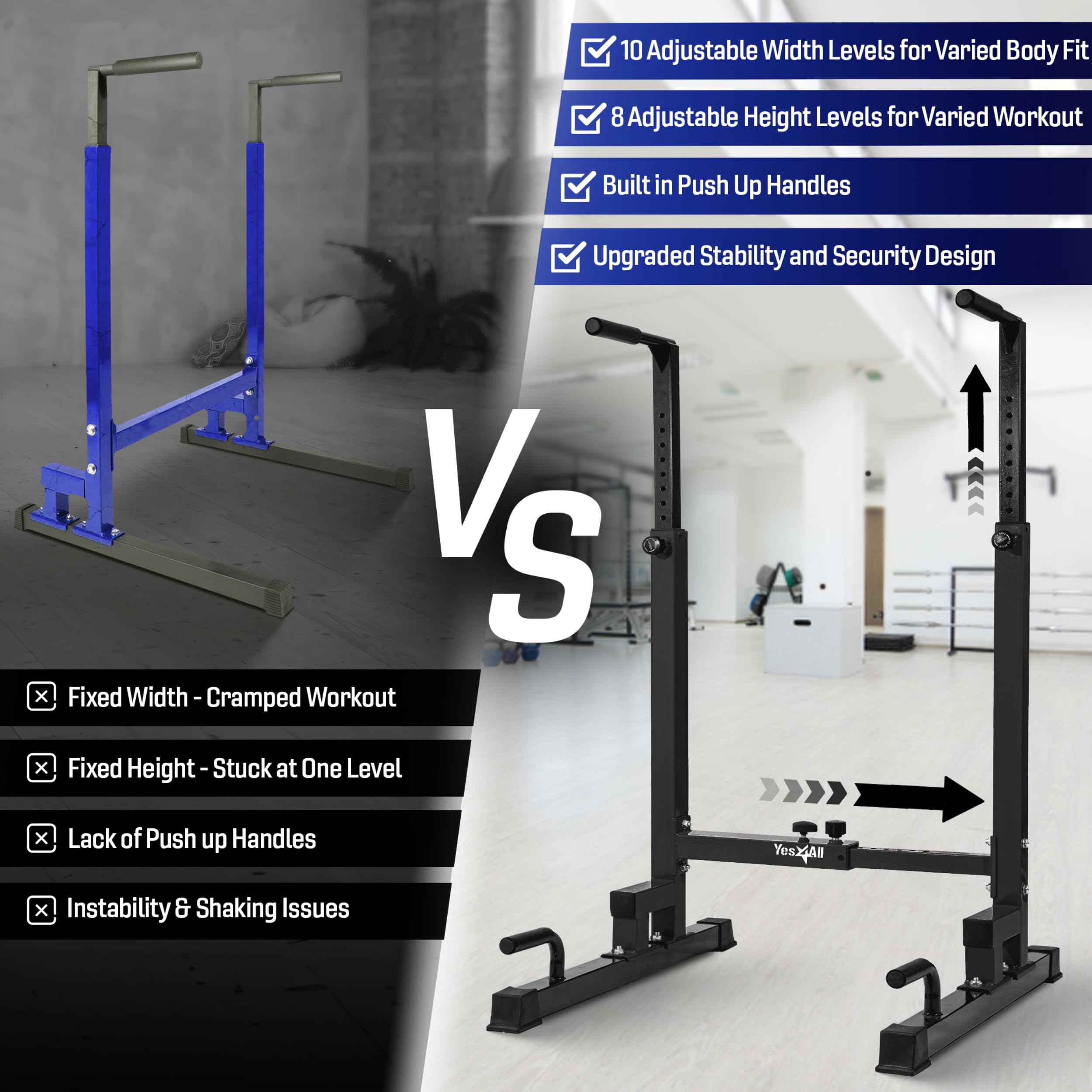 Yes4All Adjustable Dip Stand - 500 LBS Weight Capacity, 80-Level Height Adjustment for Home Gym Workouts | Perfect for Pull-Ups, Dips & Bodyweight Training