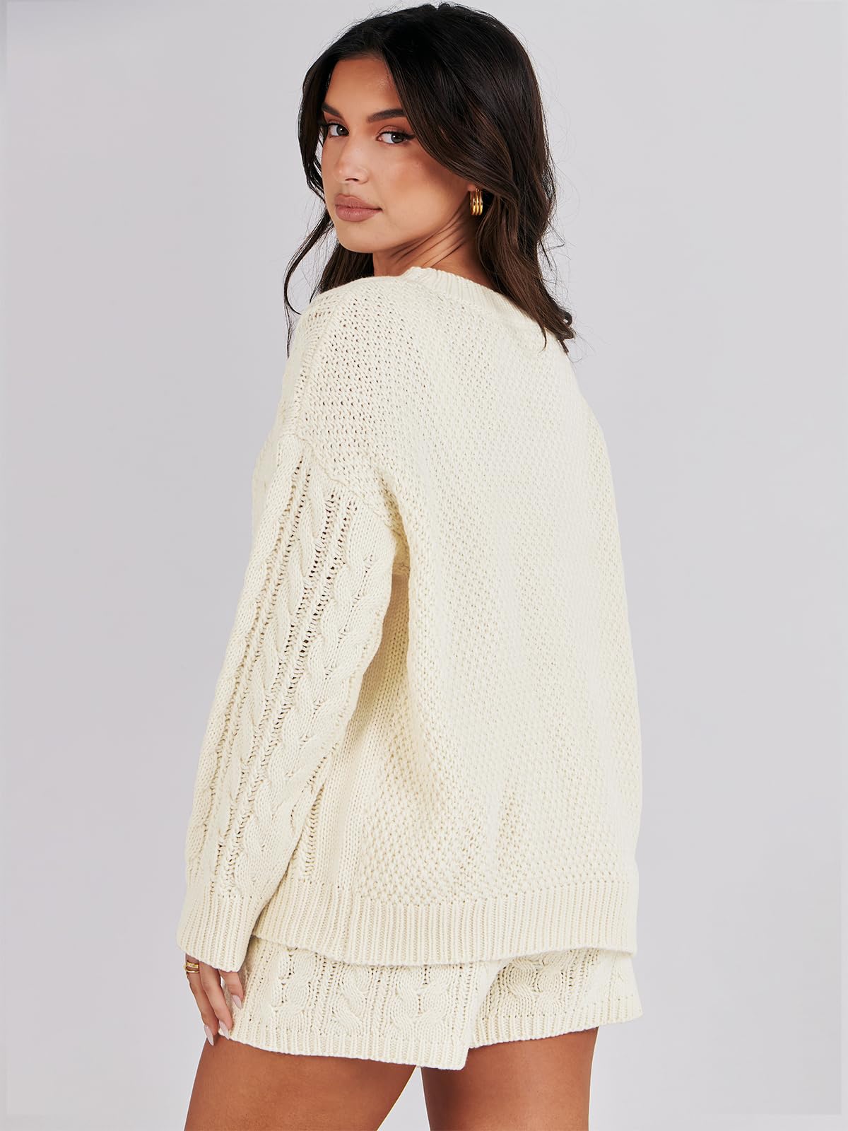ANRABESS Women's 2-Piece Cable Knit Sweater Lounge Set - Oversized Fall Sweater & Shorts Matching Outfit | Cozy Loungewear for Home, Casual Wear & Autumn Fashion