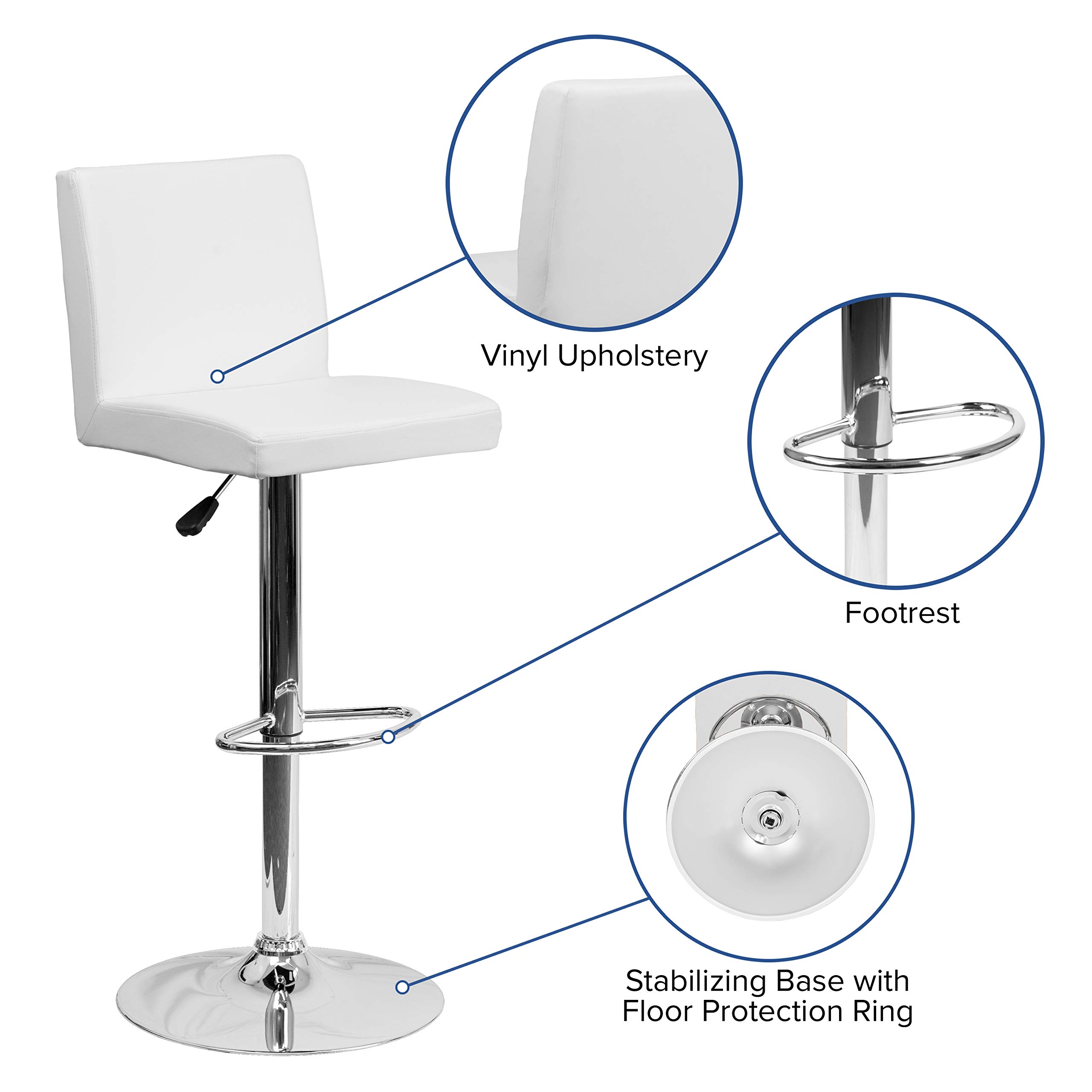 2 Pack White Vinyl Adjustable Height Bar Stools with Panel Back & Chrome Base - Perfect for Kitchen Island, Breakfast Nook & Home Bar Seating
