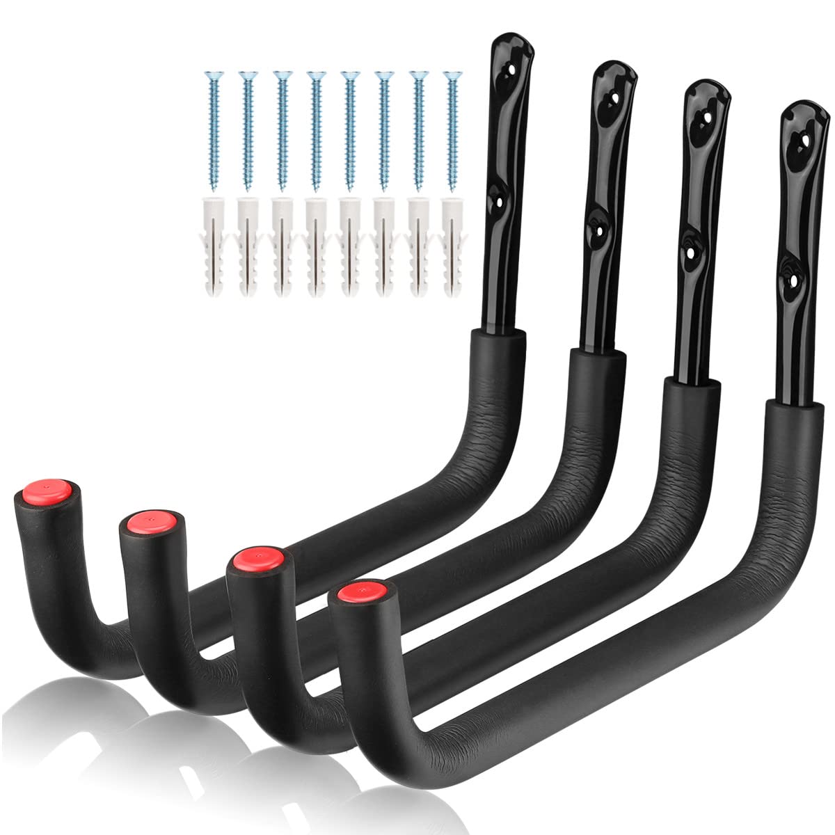 Heavy Duty 15.5 Inch Garage Storage Kayak Hooks - Wall Mounted Rack for Canoe, Paddleboard, Surfboard, Snowboard, Ladders & Bikes (Black/Red, 15.5