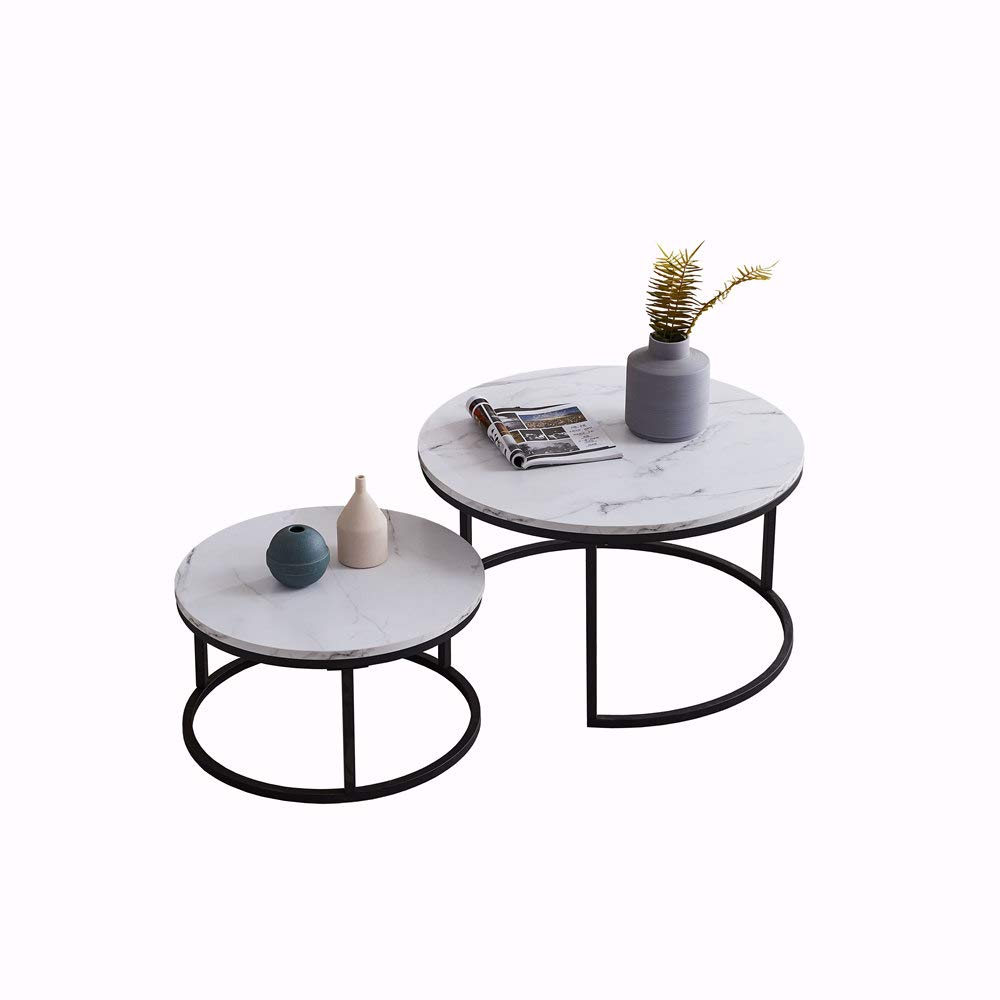 Modern Round Nesting Coffee Table Set of 2 - Metal Frame & Wood Tabletop Accent Side Tables for Living Room - White/Black - Perfect for Small Spaces, Sofa Side & Coffee Table Use