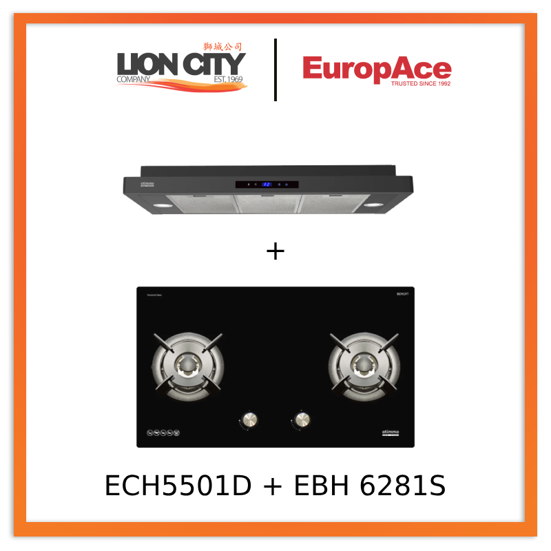 Europace ECH5501DBK 90cm Slimline Range Hood + EBH6281STG 80cm Built-In 2-Burner Gas Cooktop - Modern Kitchen Appliance for Small Spaces & Apartments