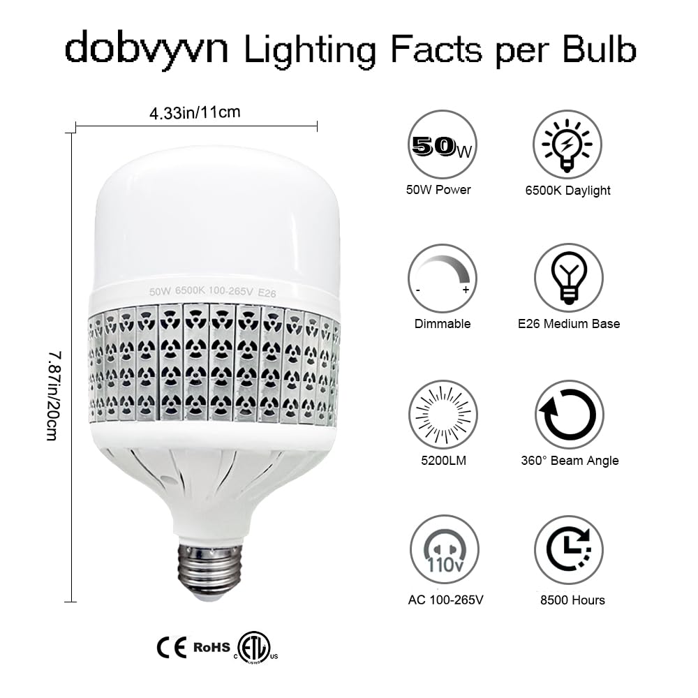 50W High Power LED Bulb - Daylight White 6500K, 450W-500W Equivalent, E26 Medium Base - Energy Saving Commercial Light Bulbs for Garage, Warehouse, Workshop & Office (2 Pack) - Bright Lighting for Industrial Spaces & Work Areas