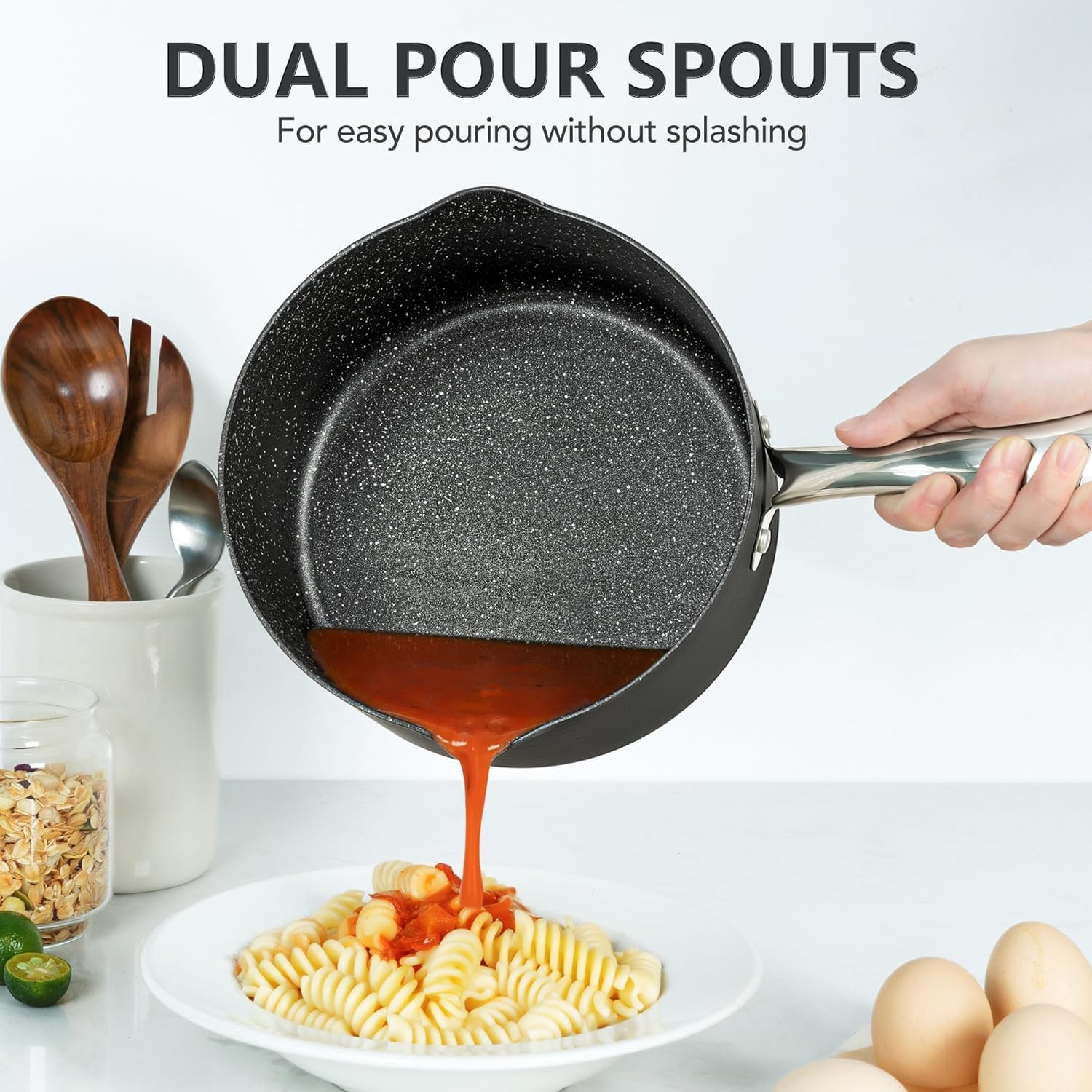 MICHELANGELO 3 Quart Nonstick Saucepan with Strainer Lid - Hard Anodized Aluminum Cooking Pot with Pour Spouts & Granite Coating - Perfect for Sauces, Soups, Pasta & Everyday Cooking (3 Qt)