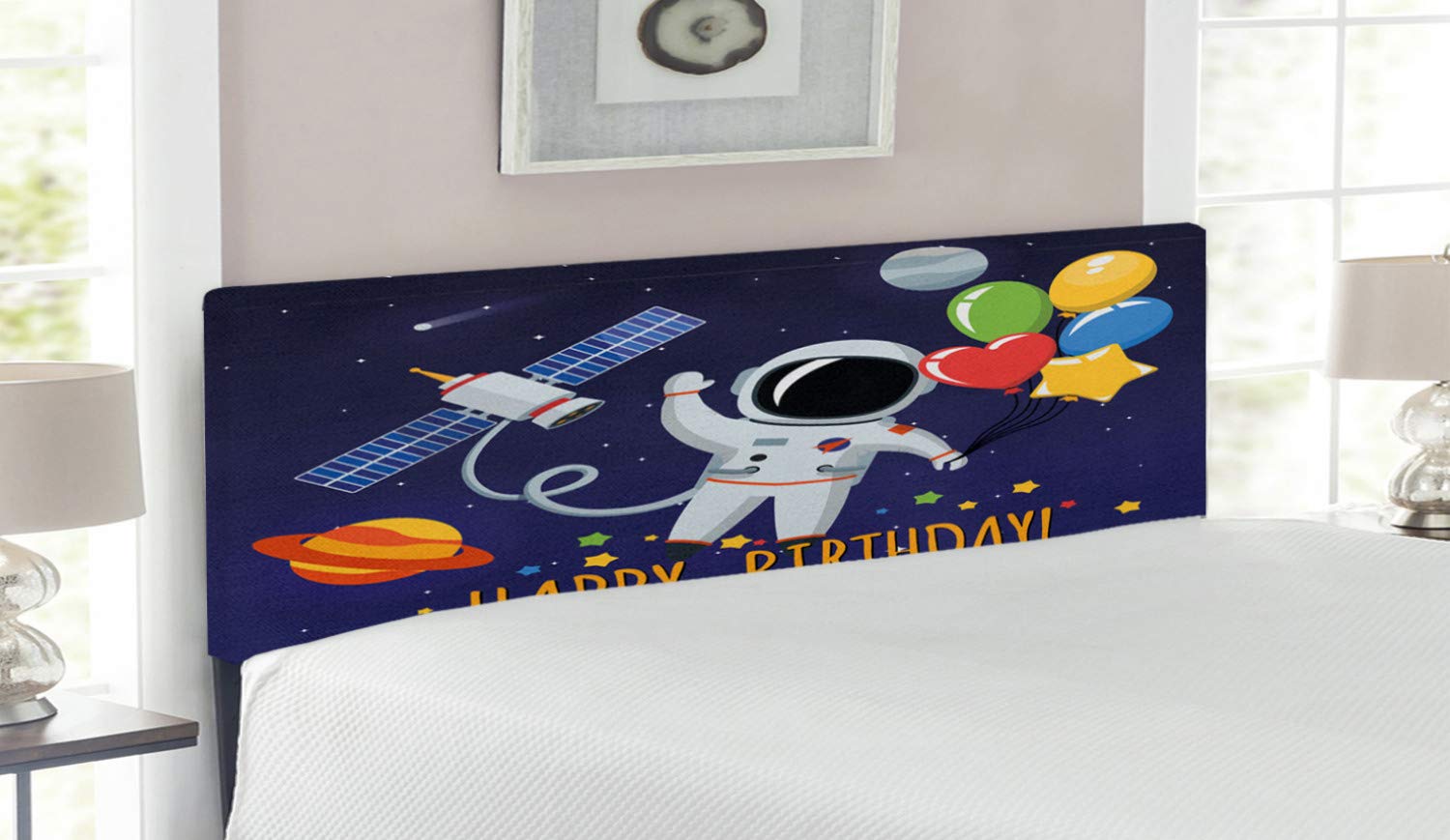 Ambesonne Queen Size Upholstered Memory Foam Headboard - Astronaut & Cosmos Themed Birthday Decor with Balloons on Blue Background | Perfect for Space Lover Bedrooms, Kids Rooms & Themed Parties