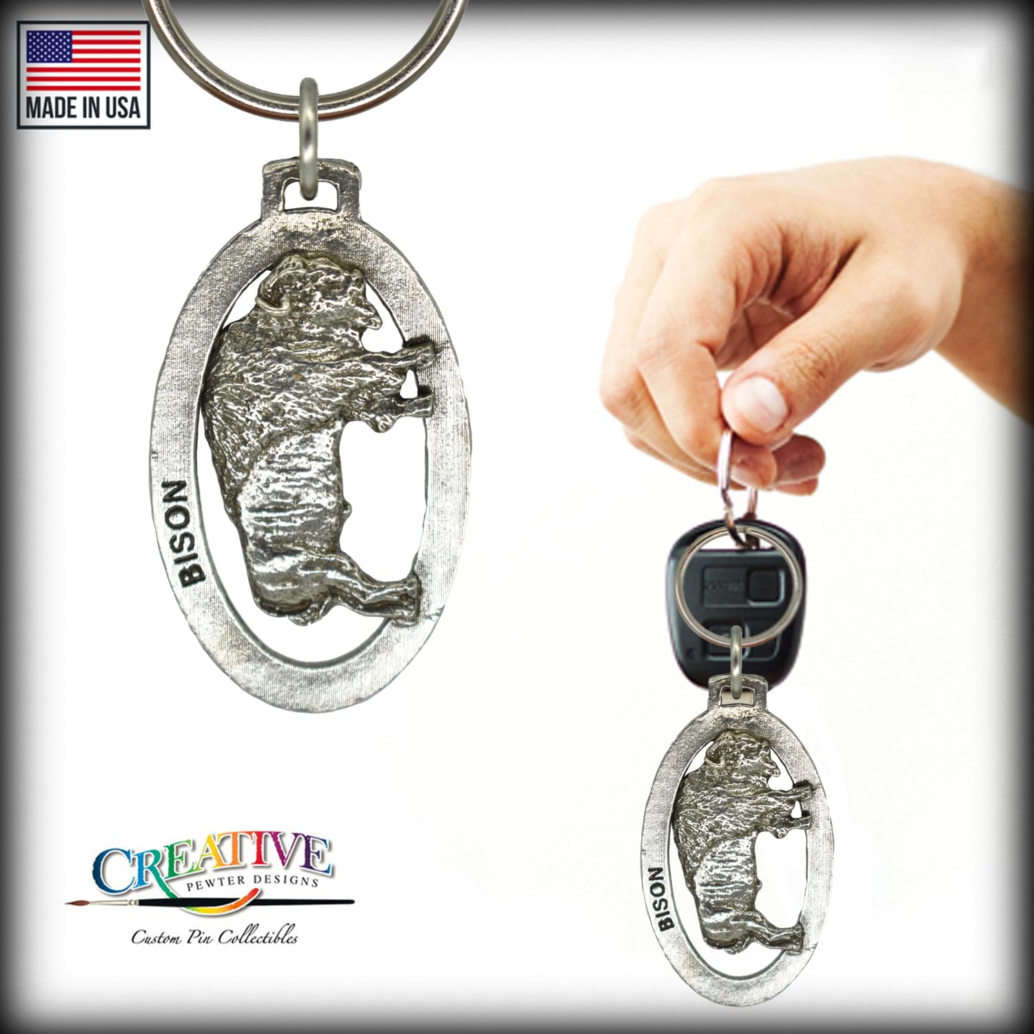 Handmade Pewter Bison Keychain - 2