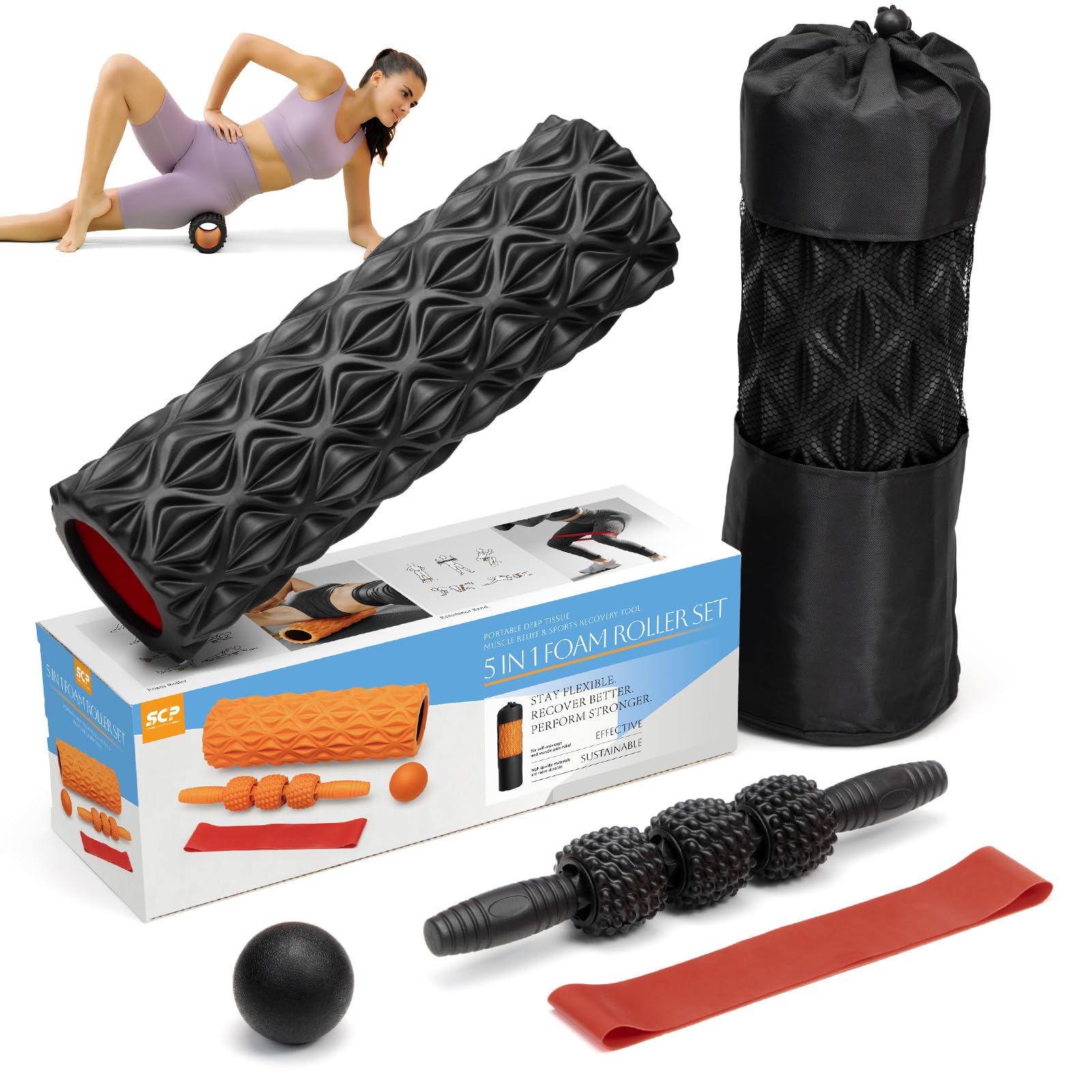 5-in-1 High Density Foam Roller Set for Deep Tissue Massage - Includes Exercise Foam Roller, Massage Ball, Resistance Band & Trigger Point Roller for Full Body Recovery | Perfect for Gym, Yoga, Home Workouts & Physical Therapy