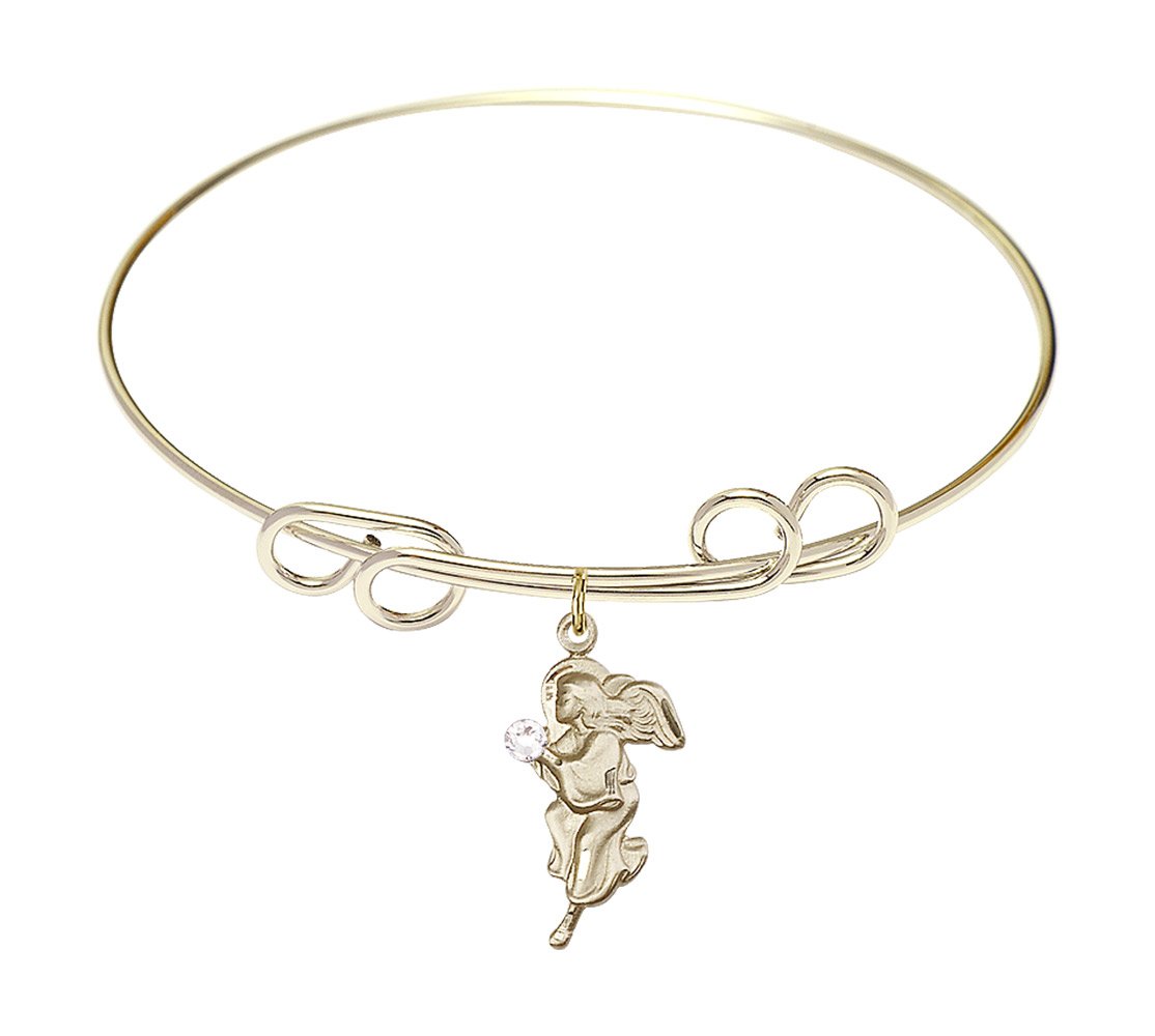 8 Inch Round Double Loop Bangle Bracelet with Guardian Angel Charm & April Birthstone Crystal - Elegant Jewelry Gift for Women, Birthday, Anniversary & Everyday Wear