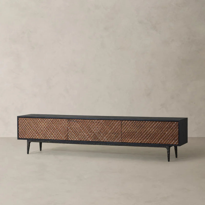 Handmade Designer Brown Wood and Metal Frame Media Console with 3 Doors - Stylish TV Stand for Living Room, Bedroom, or Home Theater
