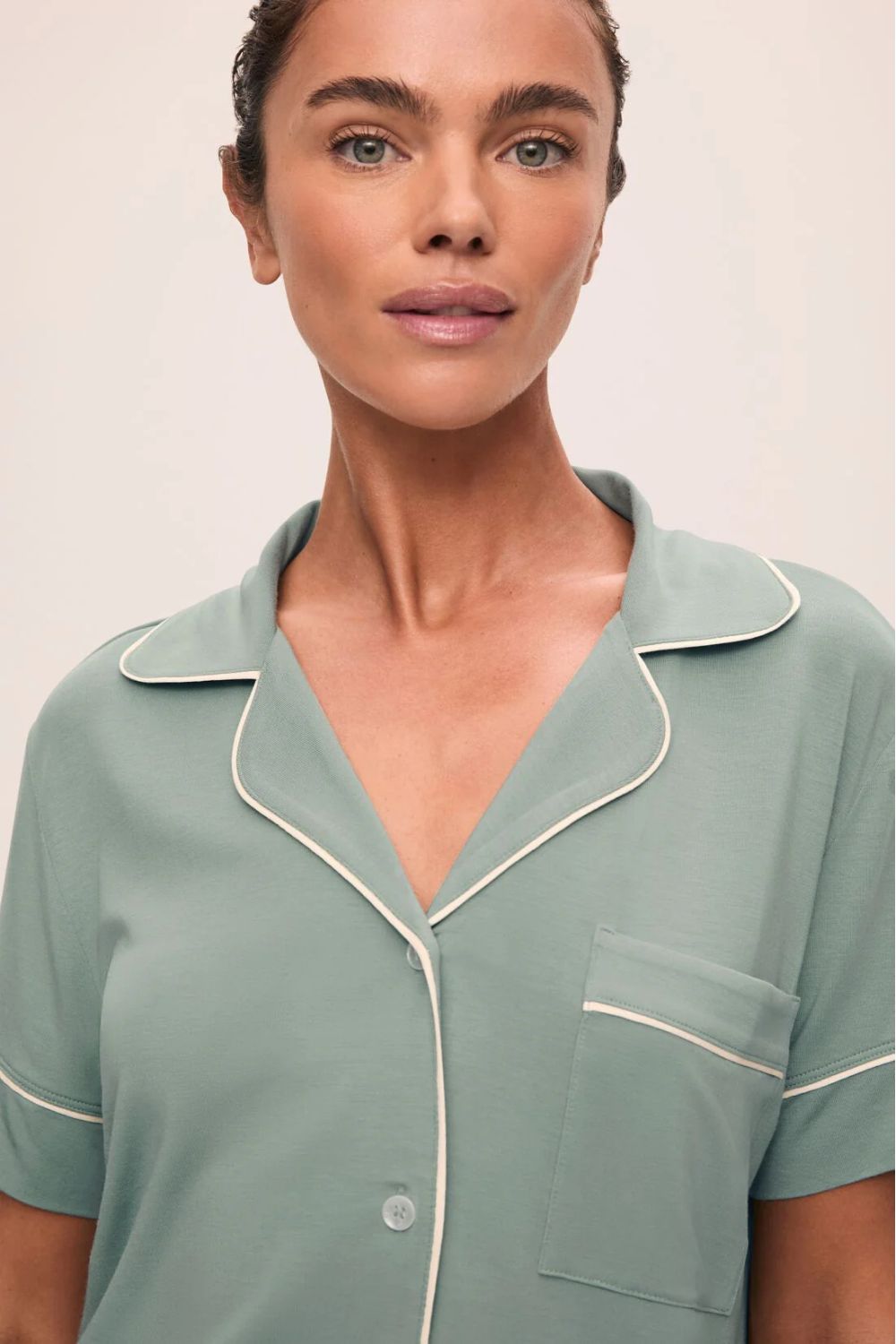 Gisele Relaxed Short Pajama Set for Women - Soft Eucalyptus & Ivory Sleepwear - Perfect for Summer Nights, Lounging, and Travel