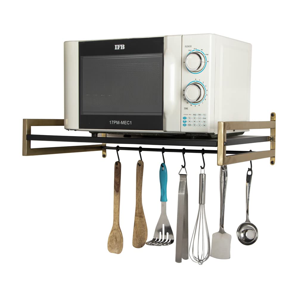 Premium Wall Mounted Metal Microwave Stand - Space Saving Kitchen Organizer for Microwave & OTG Oven | Extra Storage Shelf with Hooks | Black & Gold Finish | Perfect for Small Kitchens & Apartments