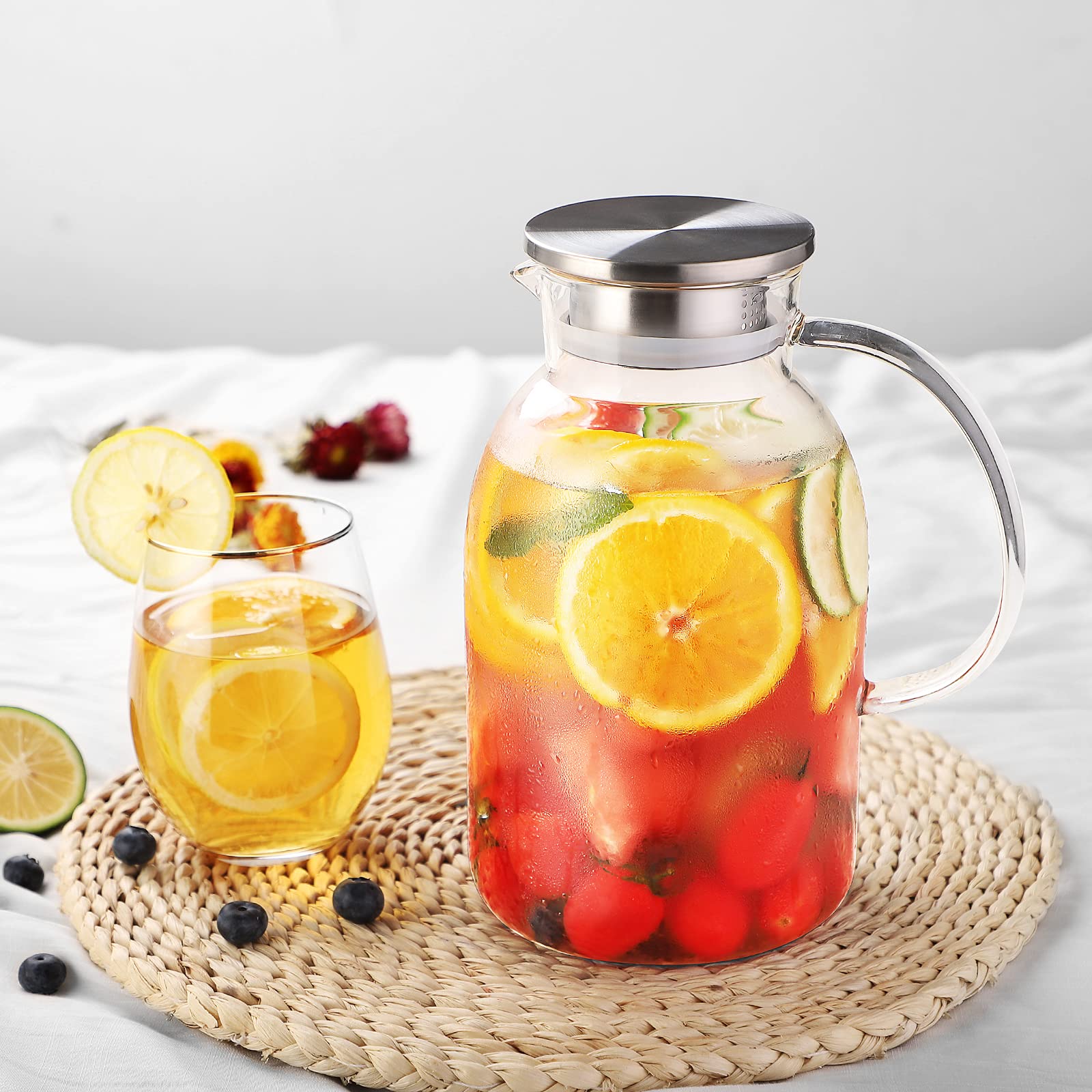 75oz Glass Pitcher with Lid & Free Brush - Heat Resistant Water Pitcher with Spout - Iced Tea, Juice & Beverage Carafe - Perfect for Fridge Storage & Entertaining - BPA-Free Large Capacity Pitcher for Lemonade, Cocktails & Party Drinks