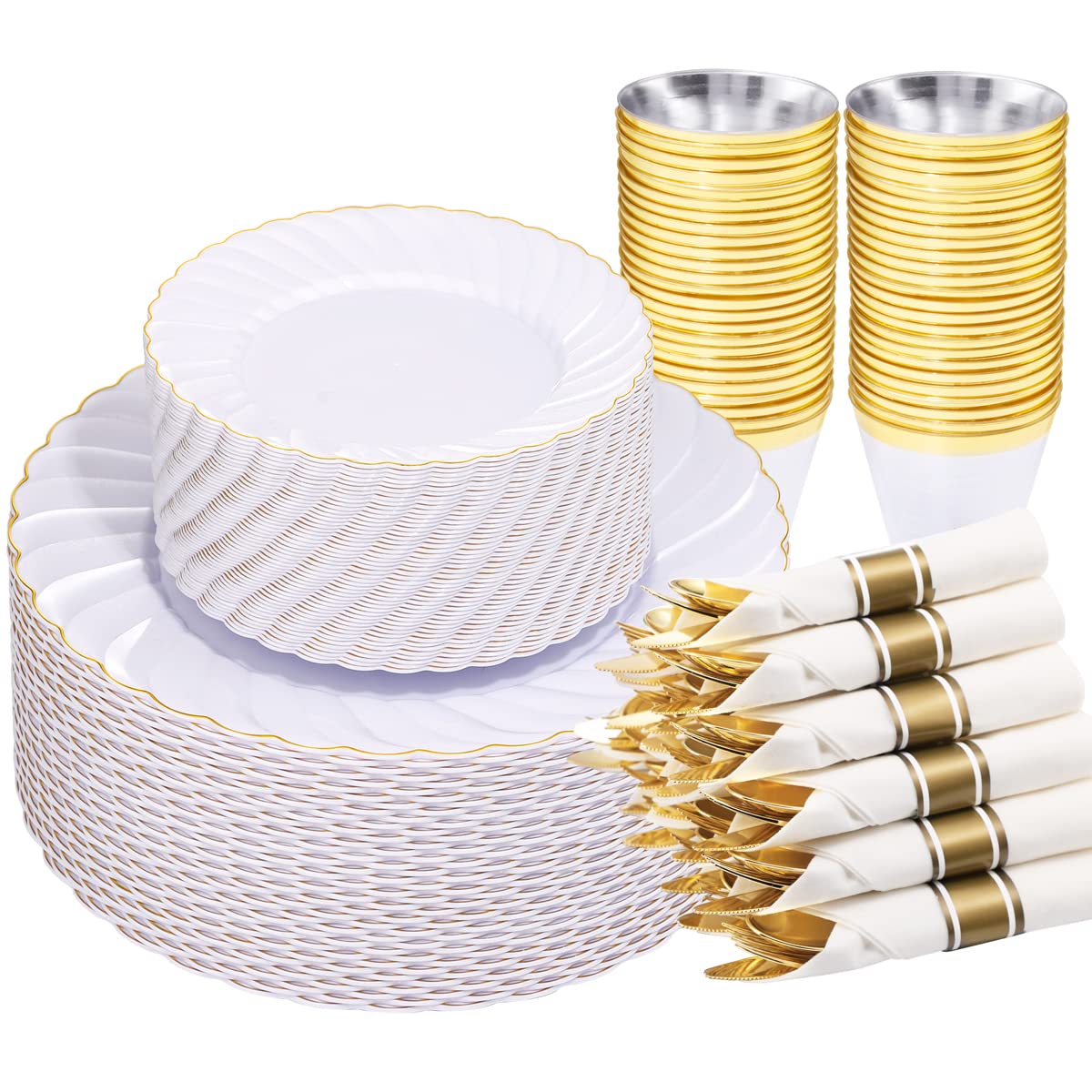 YOUBET 350-Piece Gold Plastic Party Set - Disposable White & Gold Plates (100), Napkins (50), Cutlery & Cups (50) - Elegant Dinnerware for Halloween, Thanksgiving, Weddings & Events