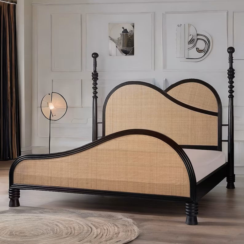 Hand Carved Indian Rattan Solid Mango Wood Poster Bed - Elegant Boho Bedroom Furniture for Master Suite & Guest Room Decor